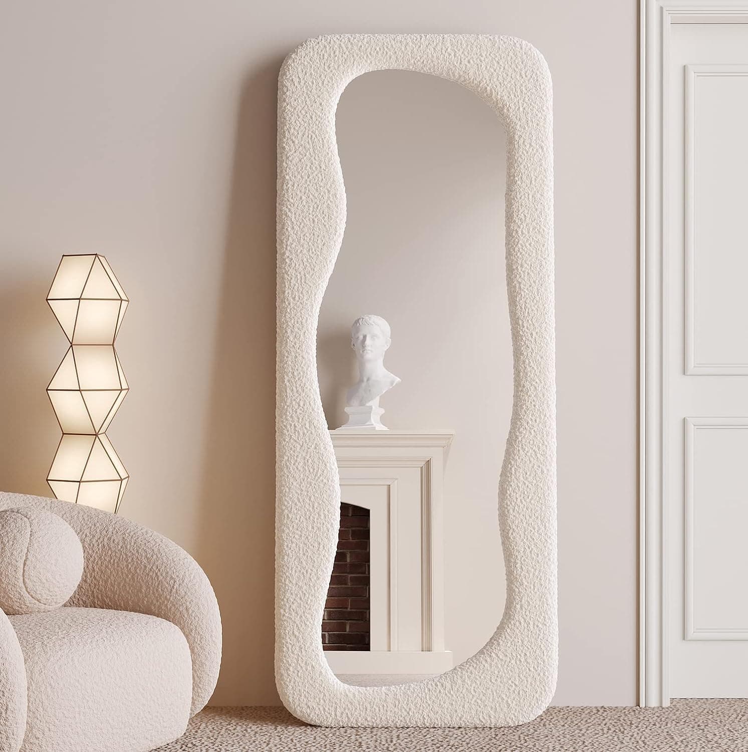 Full Length Mirror 60 * 160cm, Irregular Wavy Mirror, Wave Arched Floor Wall Standing Hanging or Leaning Against for Bedroom, Flannel Wrapped Wooden Frame Mirror-White (47)