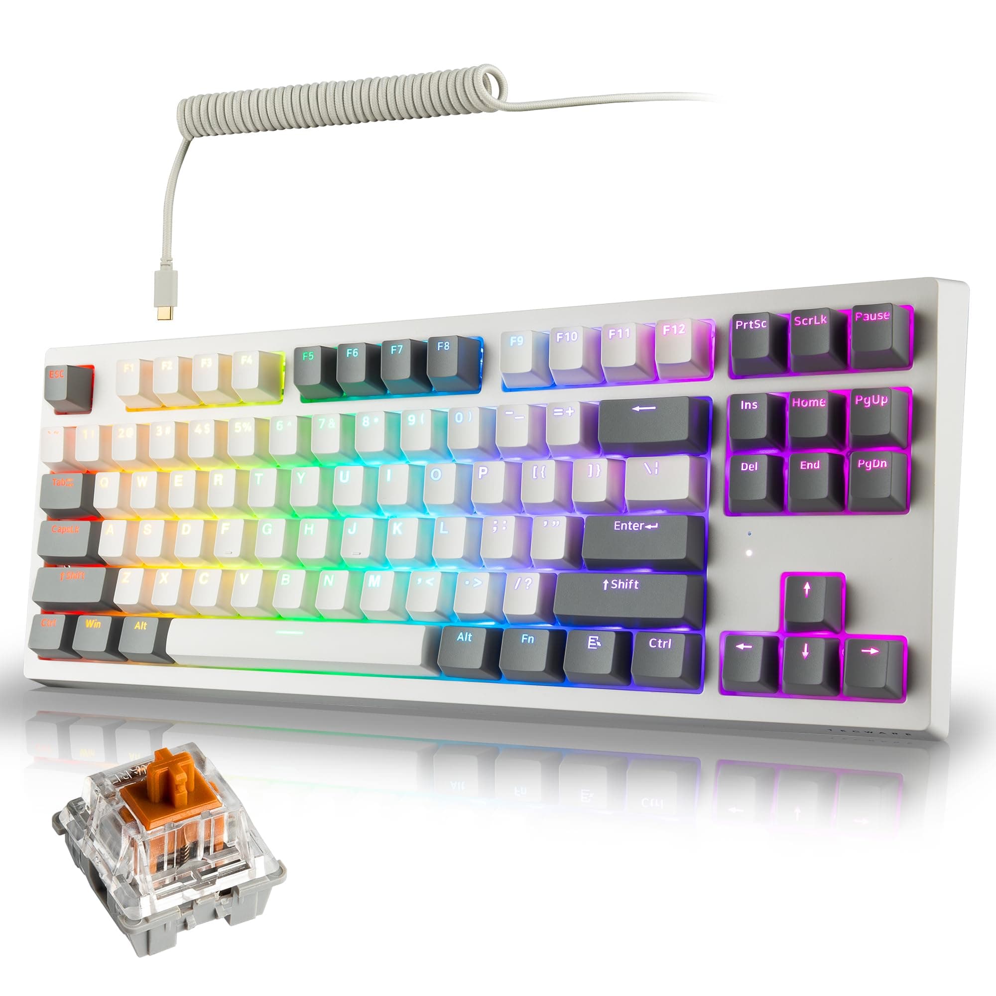 TECWARE ELITE Phantom+ 87-Key RGB Wireless / BT5.0 Mechanical Keyboard (White) Wraith Brown Switch (Prelubed, 50g Tactile) Per Key Color and Lighting, TWKB-PE87PZT-WHWBR