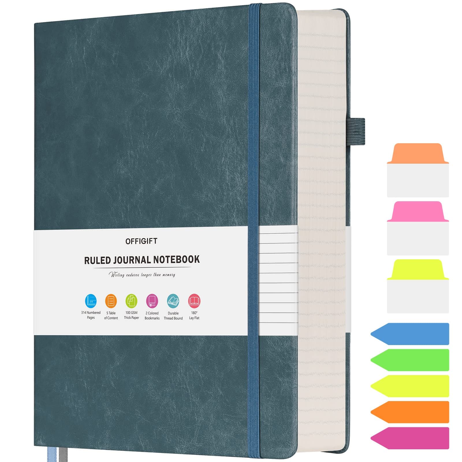 Lined Journal Notebook, Large A5 College Ruled Notebook, 312 Numbered Pages Work Notebook with Index Stickers, 100gsm Paper, Hardcover Vegan Leather Journal for Women Men School Office, Grey Blue