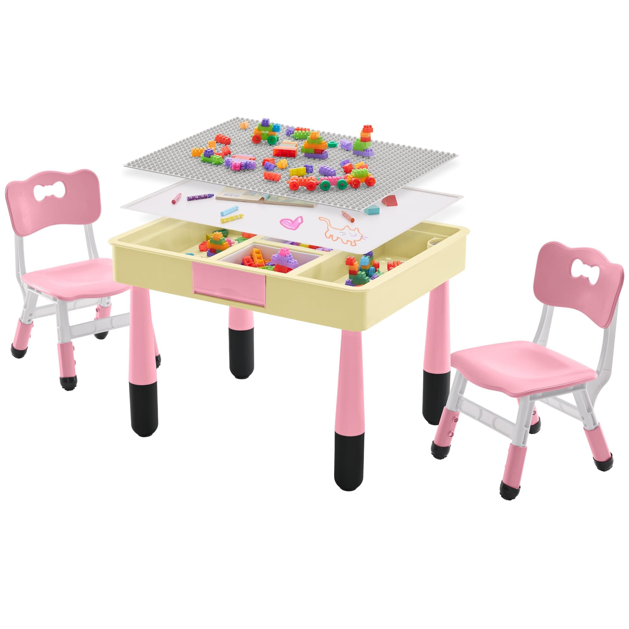 4 in 1 Kids Table and 2 Chairs Set with Storage, Toddler Table and Chair Set for Kids Ages 3-10, Graffiti & Building Blocks Double-Sided Tabletop (Pink, 2 Chairs)