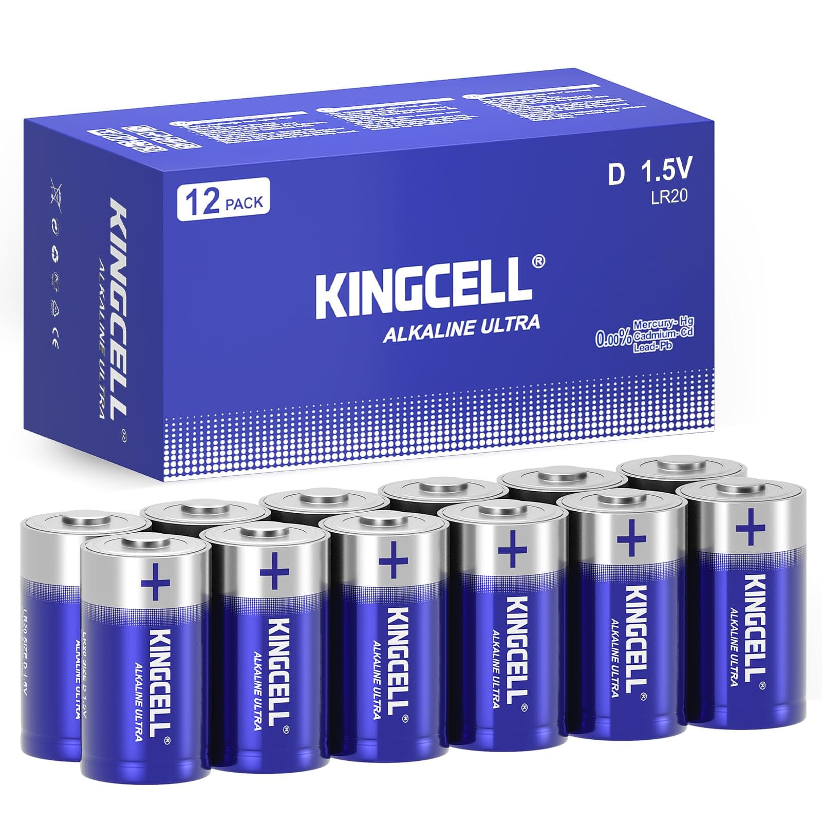 KINGCELL D Batteries 12 Pack, Hight Performance D Cell Battery with 7-Year Shelf Life，Long-Lasting Power Alkaline 1.5V Battery for Flashlights,Radios,Clocks,Stereos,etc.
