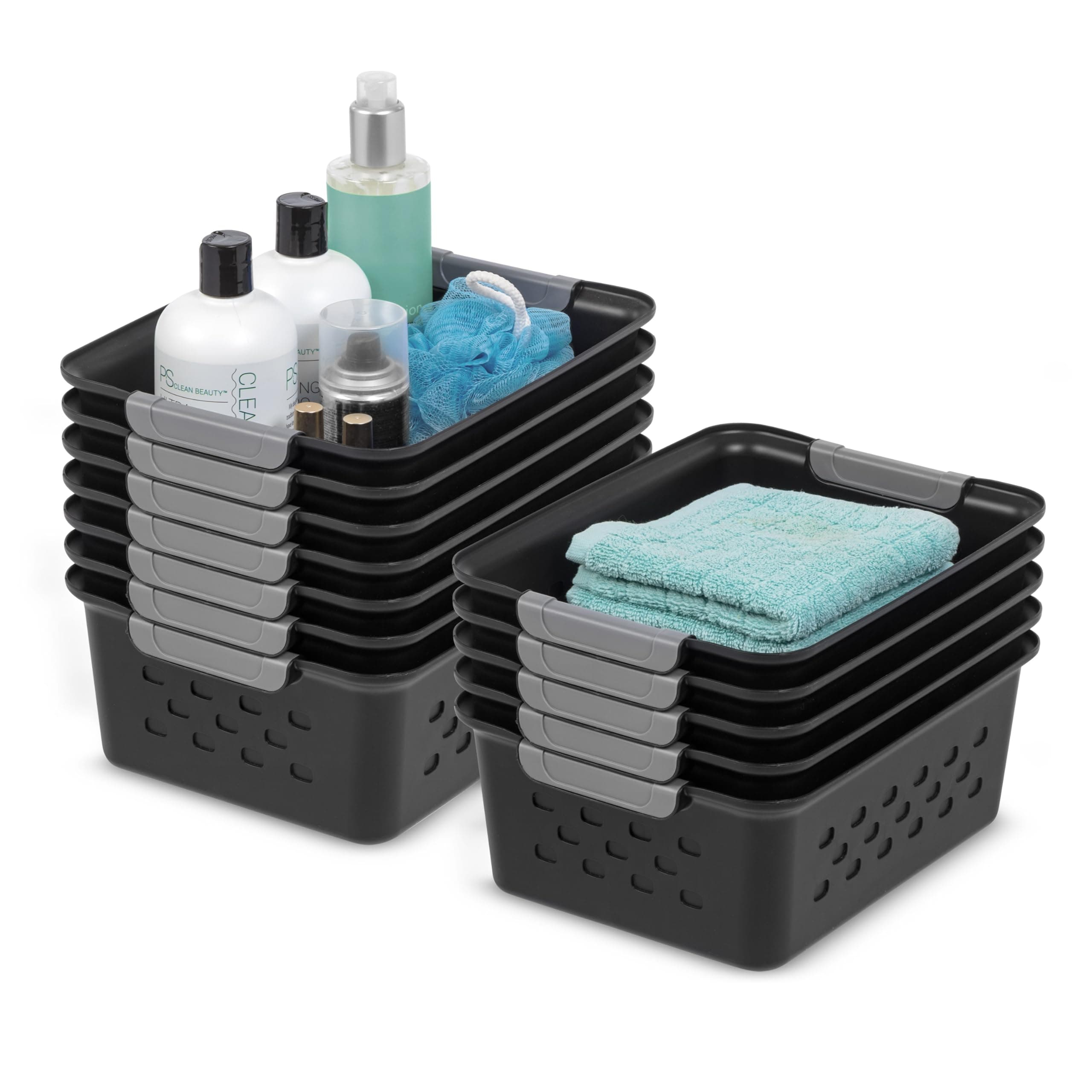 IRIS USA Plastic Storage Baskets, 12-Pack, Made in USA, Shelf Baskets Small Baskets Organizing Bins For Pantry Countertops Closet Shelves Office, Muti-Purpose, Nestable, Easy Carry, Black