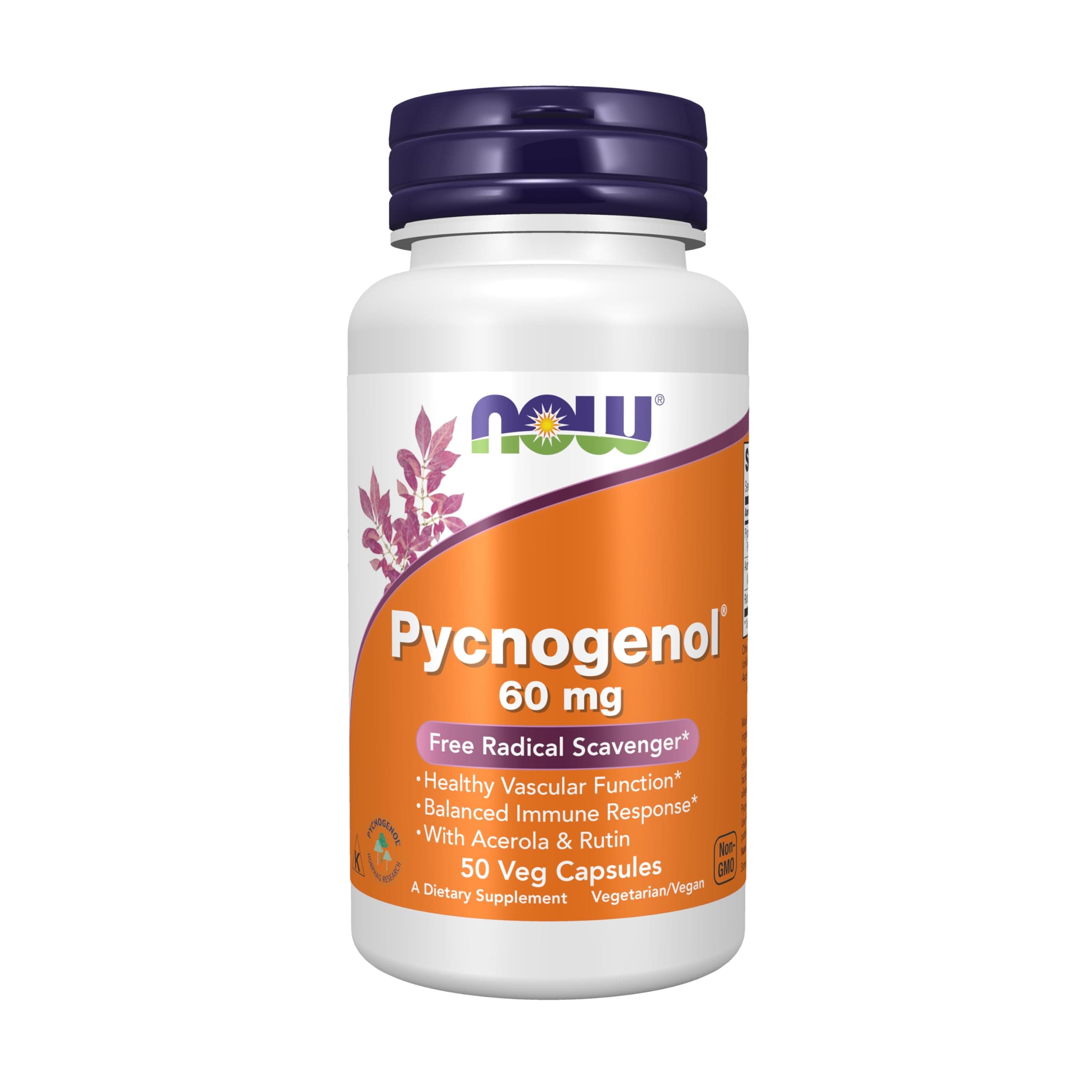NOW Foods Supplements, Pycnogenol 60 mg (a Unique Combo of Proanthocyanidins from French Maritime Pine) with Acerola & Rutin Powder, 50 Veg Capsules