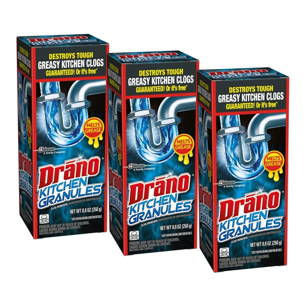 Drano Kitchen Granules Drain Clog Remover and Cleaner, Unclogs blockage from Grease or Cooking Oil, 8.8 oz (Pack of 3)
