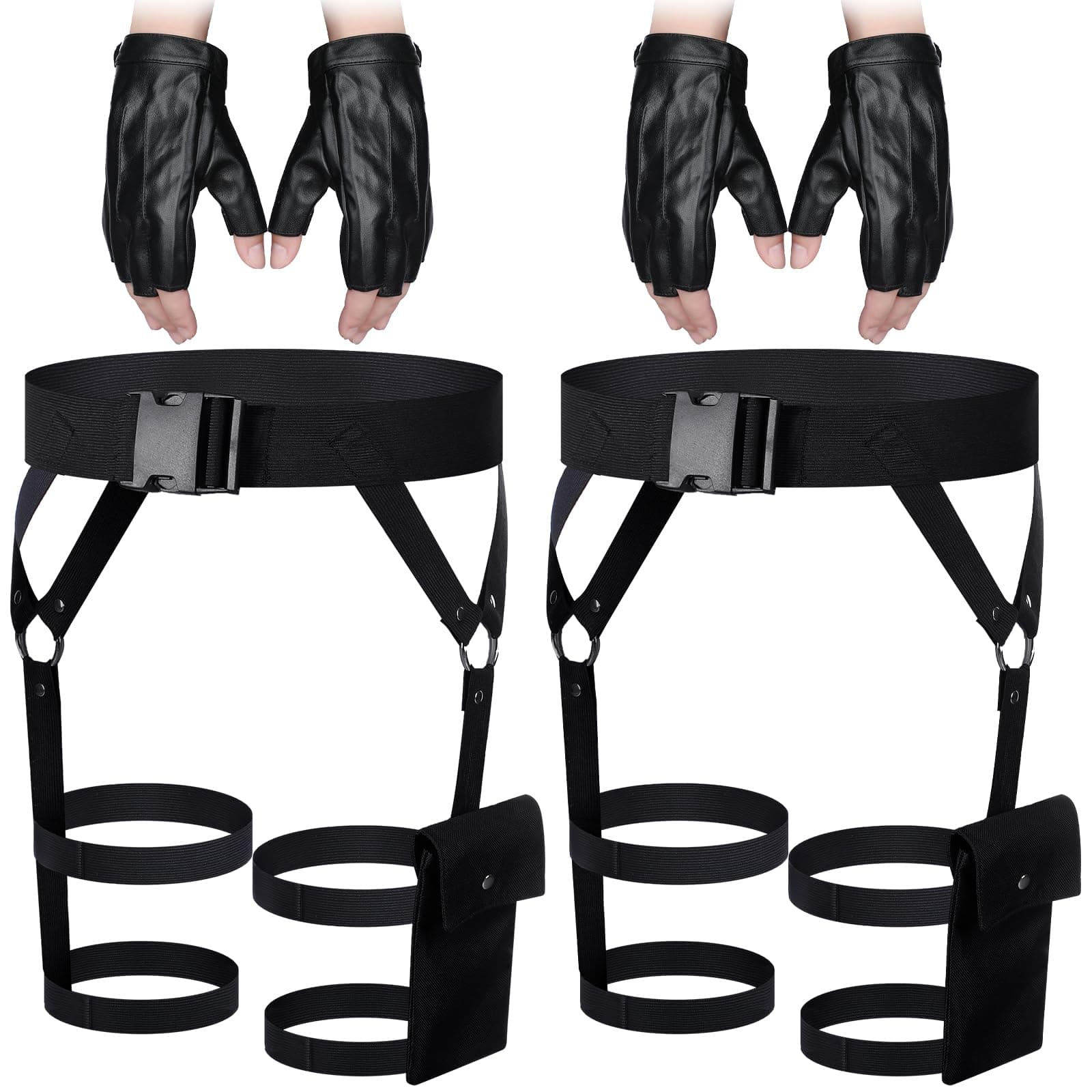 Kathfly 2 Pieces Women's Multi Strap Garter and One Pair of Leather Gloves Black Pocket Utility Belt Costume Accessory Adjustable Leg Straps for Halloween Party, Black, approx. 24-63 inches