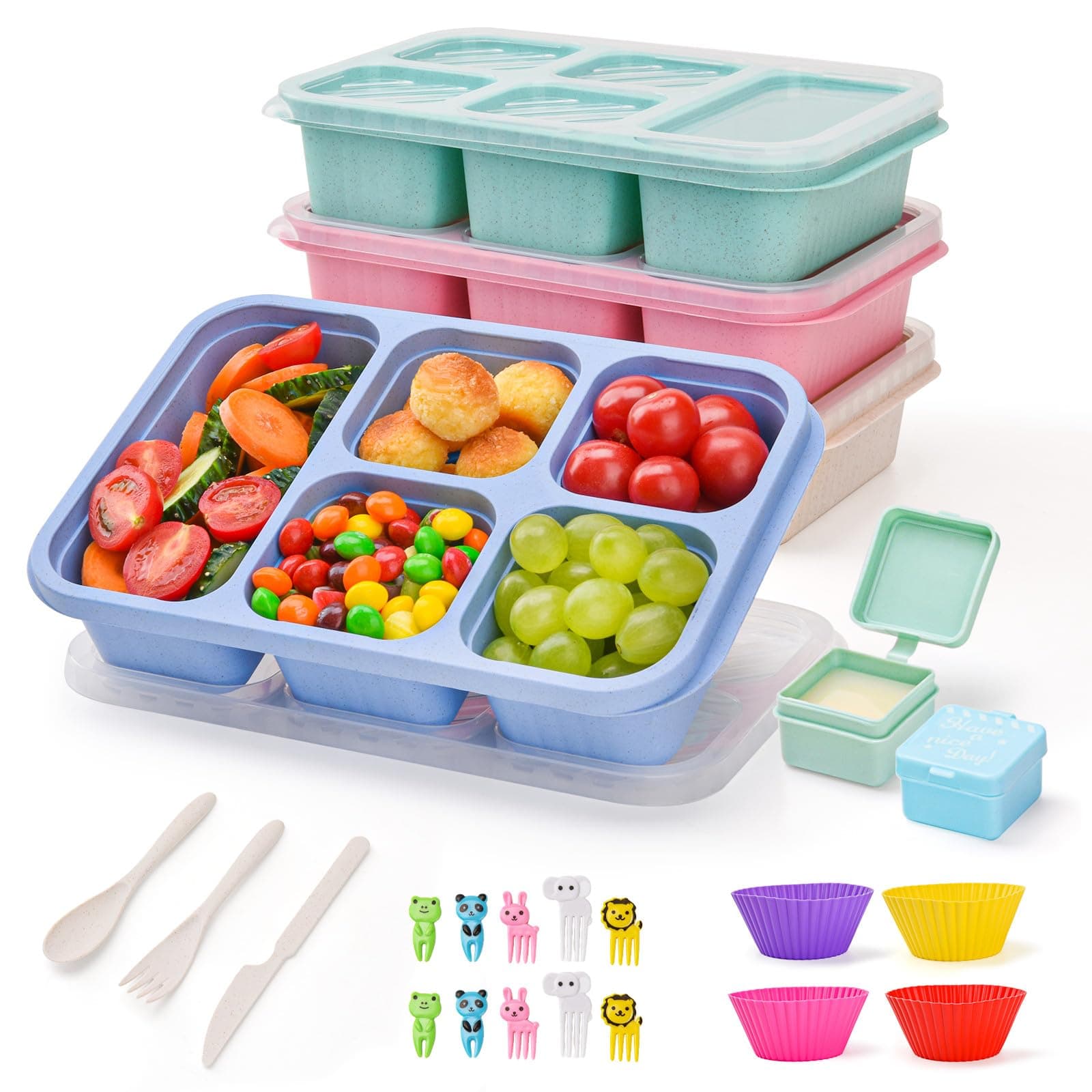 4 Pack Bento Snack Box, 5 Compartment Lunchable Snack Containers, Stackable Bento Lunch Boxes for Kids & Adults, Reusable Meal Prep Lunch Containers for School,Work and Travel