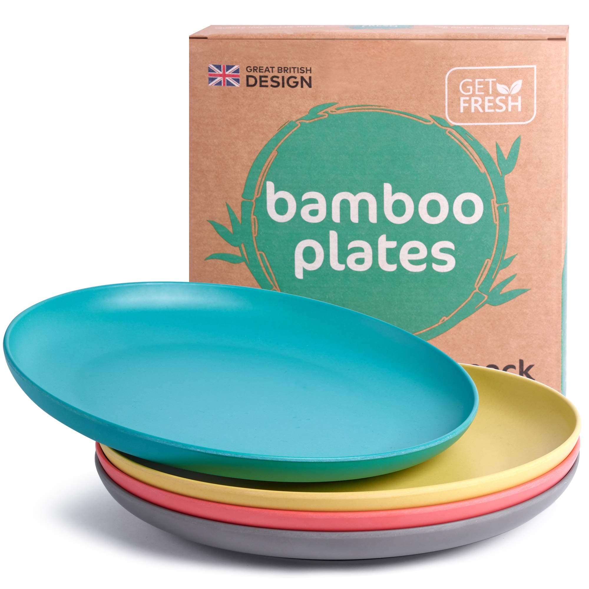GET FRESH Bamboo Kids Plates Set 4-pack Reusable Dinner Plates for Toddlers Colorful Bamboo Fiber Childrens Dinnerware Set for Everyday Use