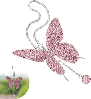 Bling Butterfly Diamond Car Hanging Accessories for Women, Crystal Car Rear View Mirror Charms, Auto Decoration Lucky Gifts Hanging Interior Crystal Ornament Pendant Decor for Cars (Pink)