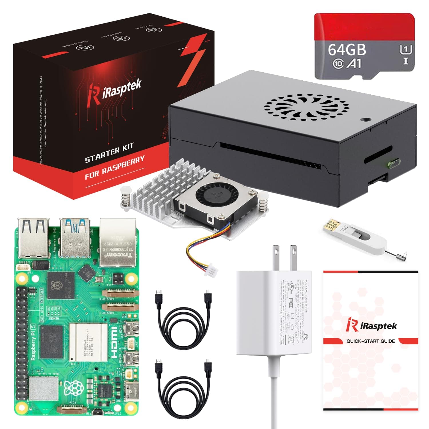 iRasptek Starter Kit for Raspberry Pi 5 RAM 8GB - 64GB Edition of OS-Bookworm Pre-Loaded(Aluminum Case)
