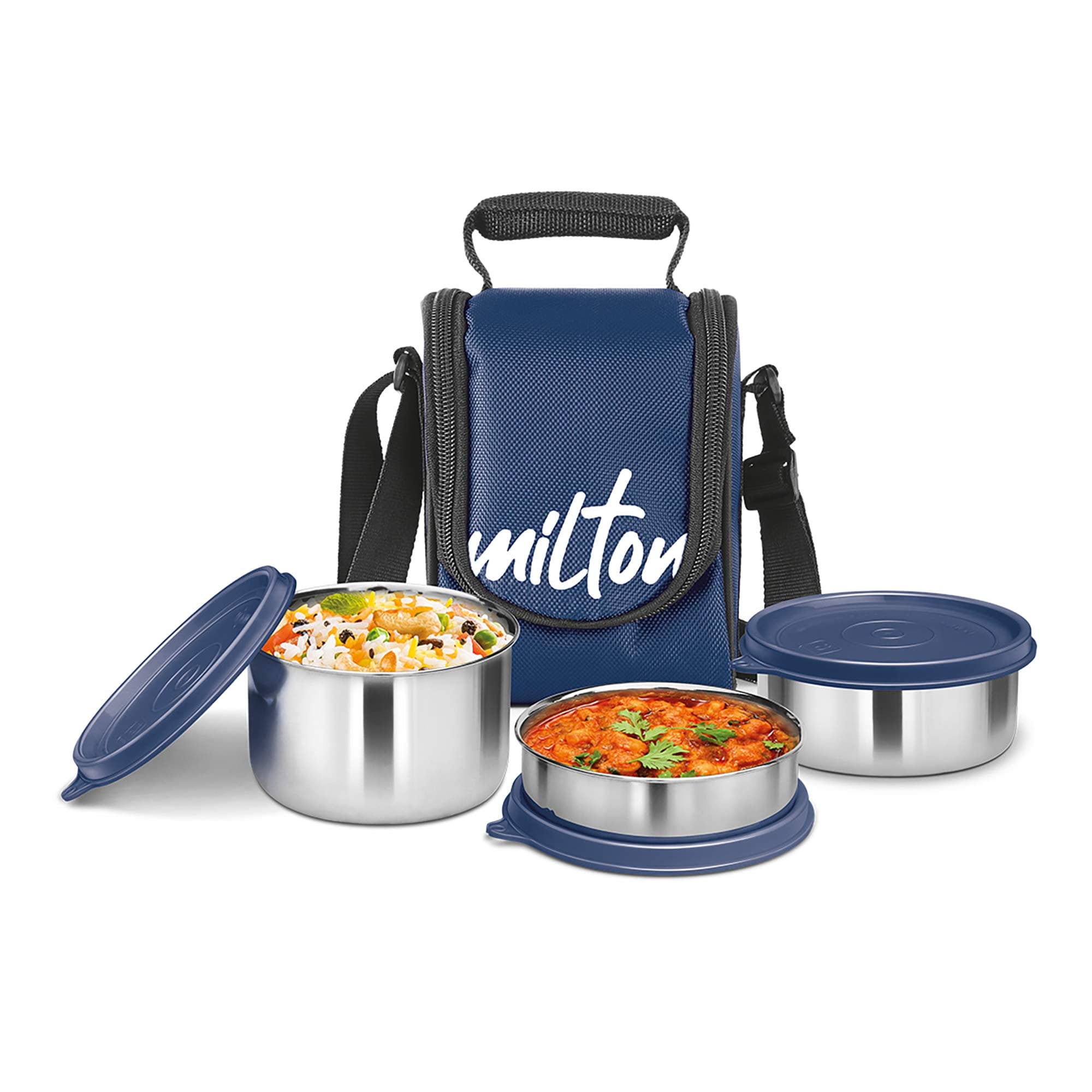 MILTON 4-Piece Lunch Box Set with Insulated Bag - Includes Stainless Steel Containers (500ml, 320ml, 200ml), Keeps Food Hot, Ideal for School Kids & Office Tiffin - Tasty Lunch - Blue