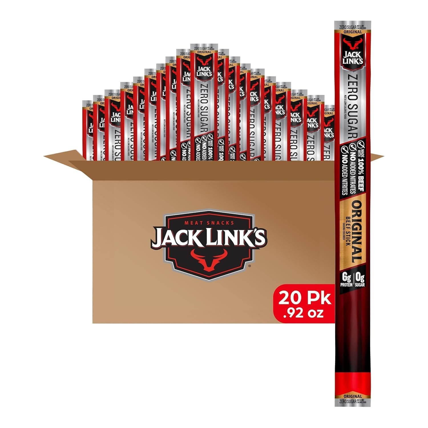 Jack Link's Original Zero Sugar Beef Sticks - (20 Pack) 0.92 oz Meat Sticks - Ready to Eat Protein Snacks - 5g Protein per Serving - Made with 100% Real Beef