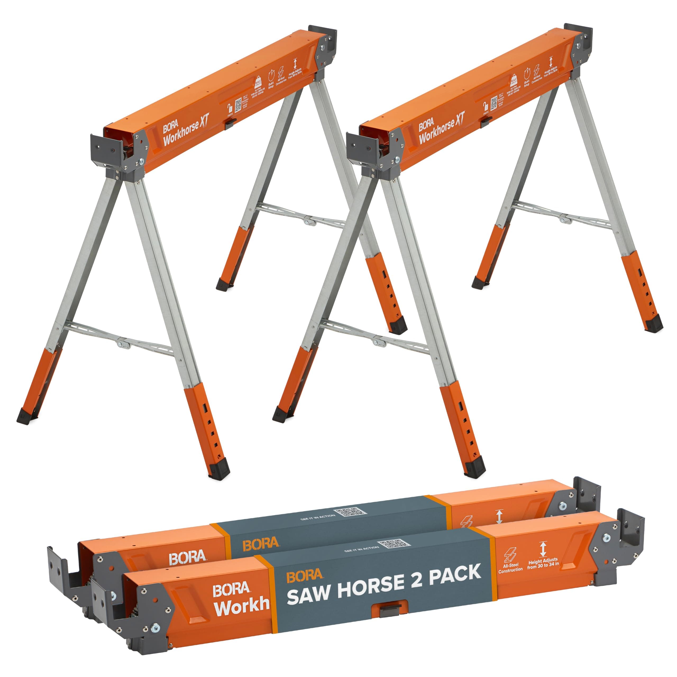 BORA Workhorse XT Adjustable Saw Horses 2 Pack Folding Heavy Duty Sawhorse with Adjustable Height Legs, 2700 lbs Capacity - Portable Workbench & Work Station with Built-in Bottle Opener PM-3360T