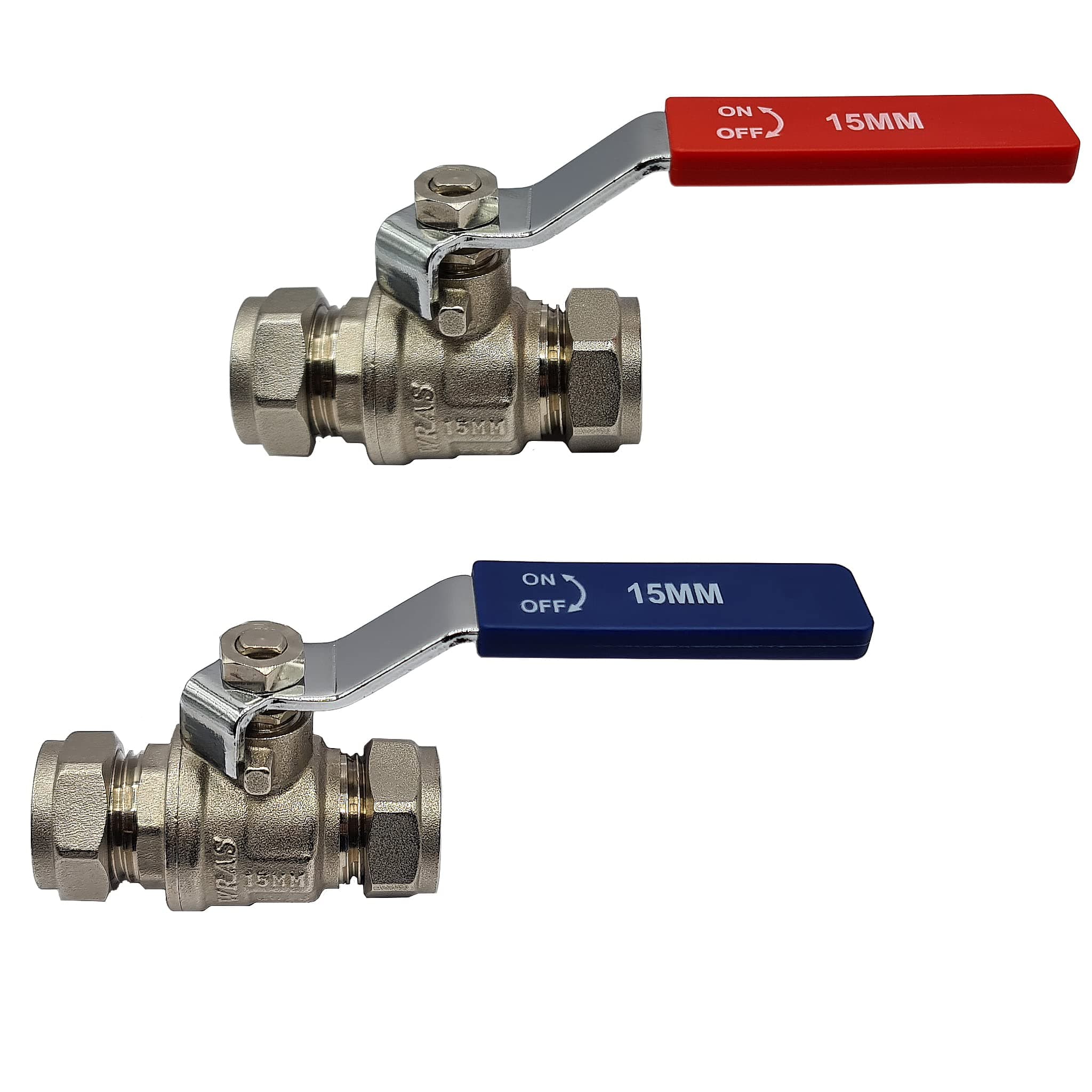 Pipestation 15mm Isolation Valve, 2 Pack with Red & Blue Handle - Lever Compression Fitting Shut Off Iso Valve - WRAS Approved - Large Bore for Increased Flow - Compression Olives Included