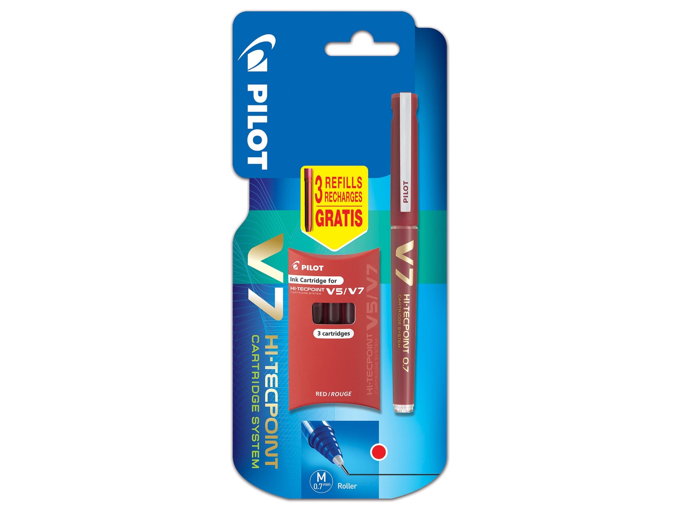 V7 Cartridge System Liquid Ink Rollerball 0.7 mm tip Single Pen with 3 Free Refills - Red