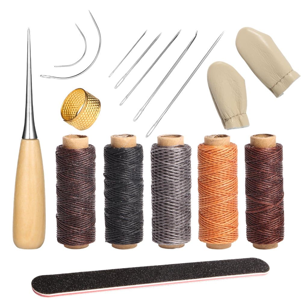 Leather Working Tools 16 Pcs Upholstery Carpet Canvas Leather Kit Needles with Waxed Thread Crod and Drilling Awl and Thimble for Leather Repair Basic Leather Tools, DIY Hand Sewing Craft Accessories