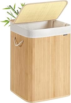 SONGMICS Laundry Basket, 95 L, Laundry Hamper, Laundry Bin with Lid, Bamboo, Foldable, Removable and Machine Washable Liner Bag, for Laundry Room, Bedroom, Natural LCB060Y01