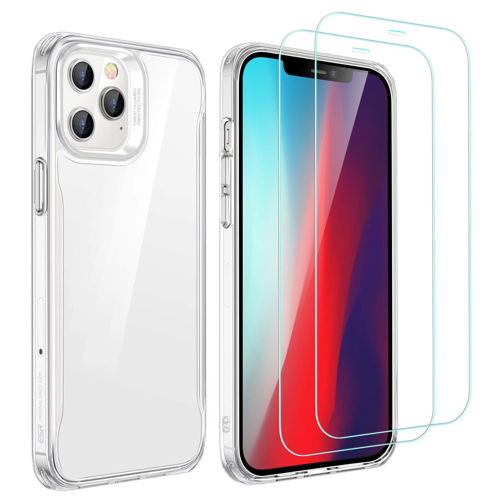 ESR Hybrid Sidekick Compatible with iPhone 12 Case and iPhone 12 Pro Case with 2 Tempered Glass Screen Protectors [Anti-Yellowing Hard Back] [Shockproof Protection] [Ergonomic Bumper], 6.1", Clear