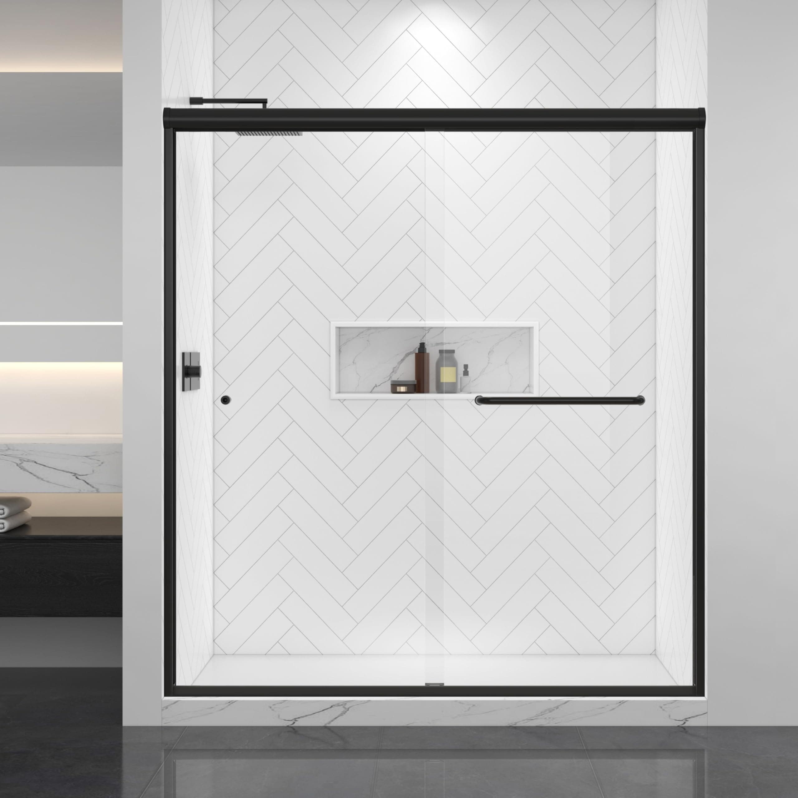 FELYL 62-66" W x 72" H Semi-Frameless Double Sliding Shower Door Framed Bypass Glass Shower Doors with 1/4" (6mm) Clear Tempered Glass in Matte Black