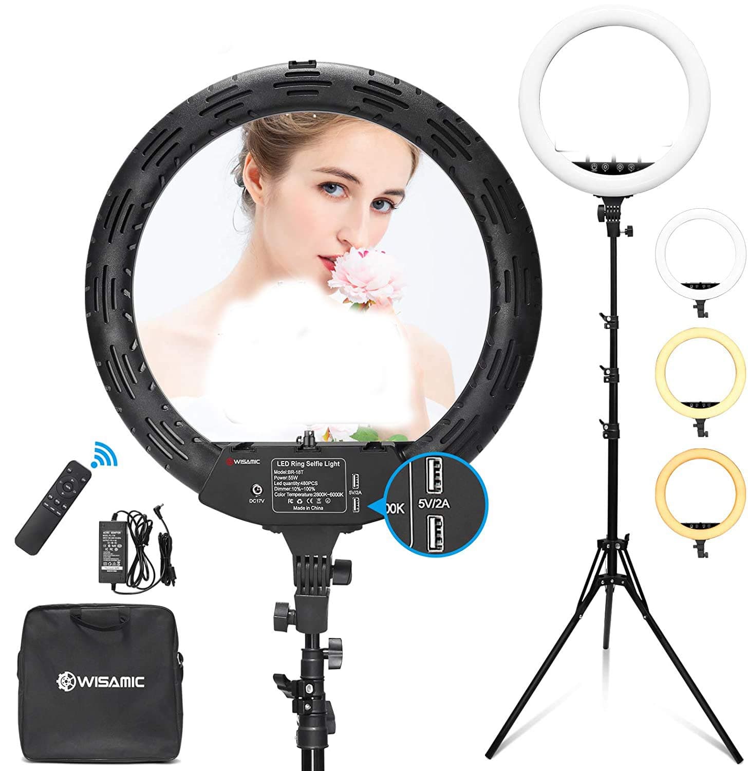 WISAMIC 18 inch LED Ring Light with Stand: Phone Holder Touch and Remote Control Bi-Color Dimmable 2800K-6000K for Selfie Makeup Camera Phone YouTube Video Photography Lighting