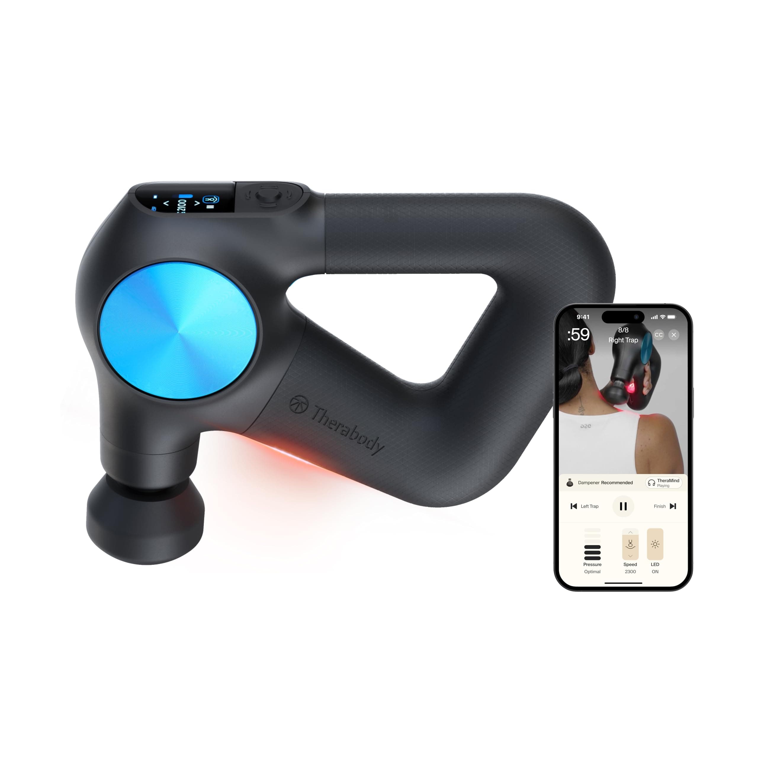 - Therabody Theragun PRO Plus - 6-in-1 Deep Tissue Percussion Massage Gun, Handheld Personal Massager for Full Body Pain Relief & Muscle Tension with Biometric Breathwork, Vibration & Heated Attachments