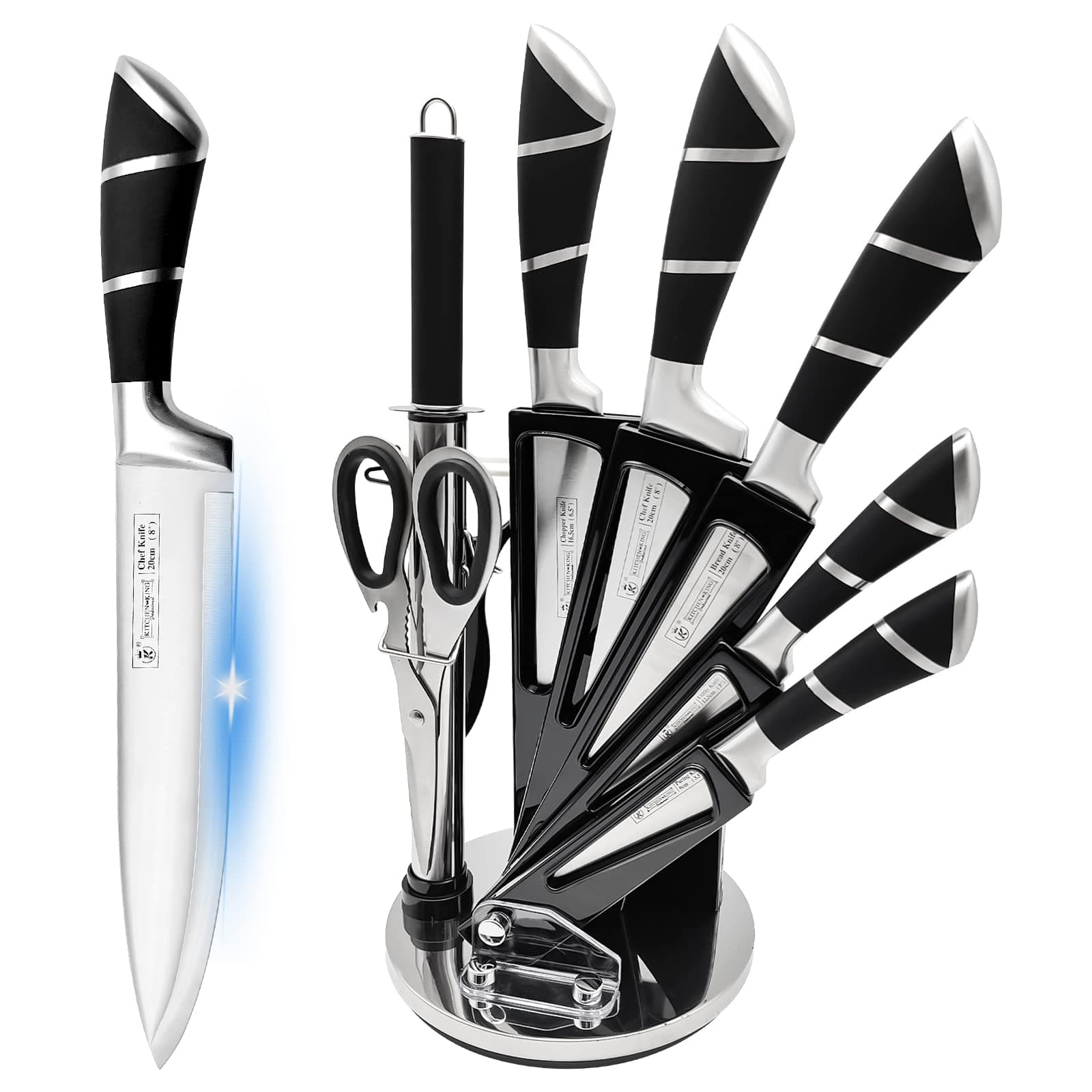 Kitchen Knife Set, 9-Pieces Black Sharp Non-Stick Coated Chef Knives Block Set,Stainless Steel Knife Set for Kitchen with Sharpener for Cutting Slicing Dicing Chopping (Black)