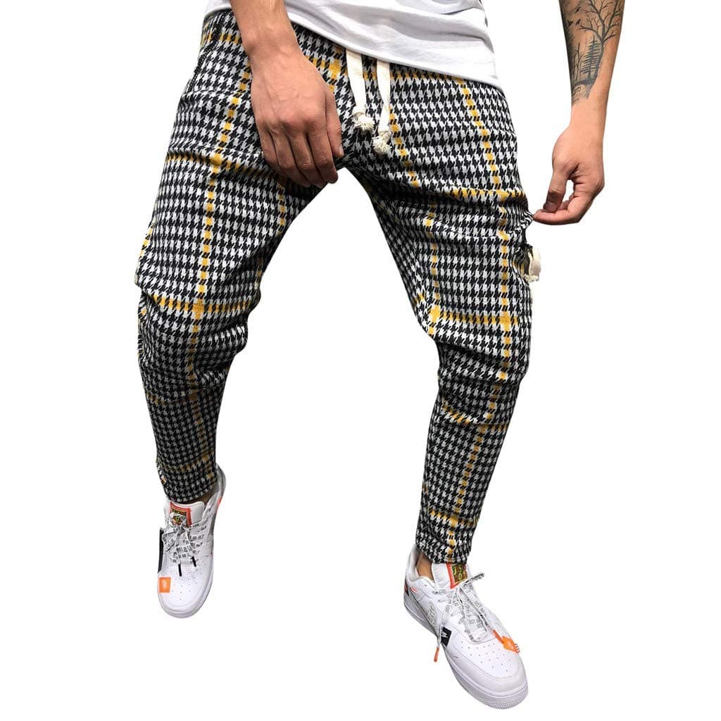 Mens Pants,2019 New Classic Drawstring Plaid Stripe Print Elastic Waist with Pocket