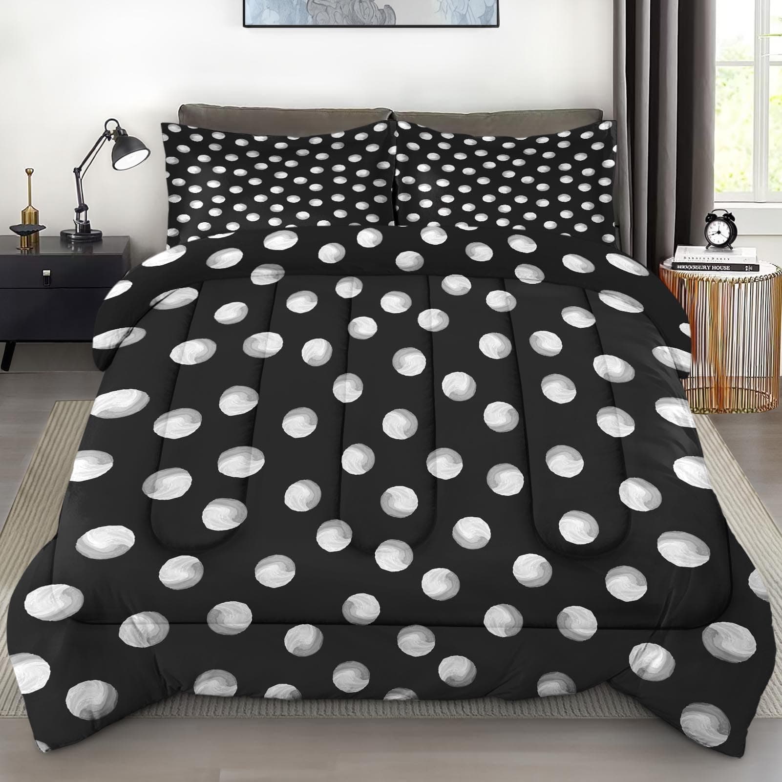 Comforter Set Queen Size, Polka Dots Retro Soft 3 Pcs Bedding for Kids and Adults, Geometric Black Comforter Set with 2 Pillowcases, for Bedroom Bed Decor