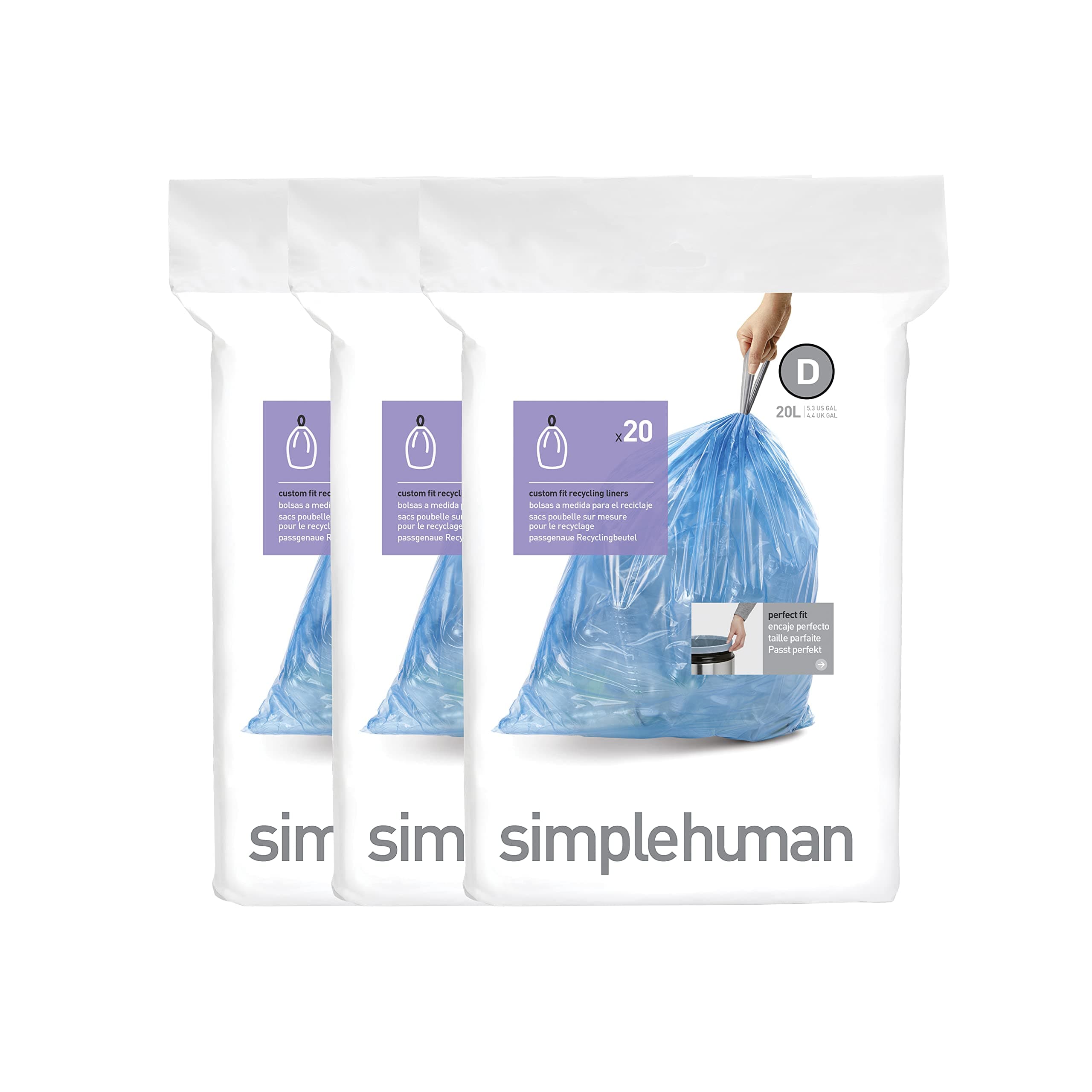 simplehuman Code D Custom Fit Drawstring Trash Bags in Dispenser Packs, 60 Count, 20 Liter / 5.3 Gallon, Blue