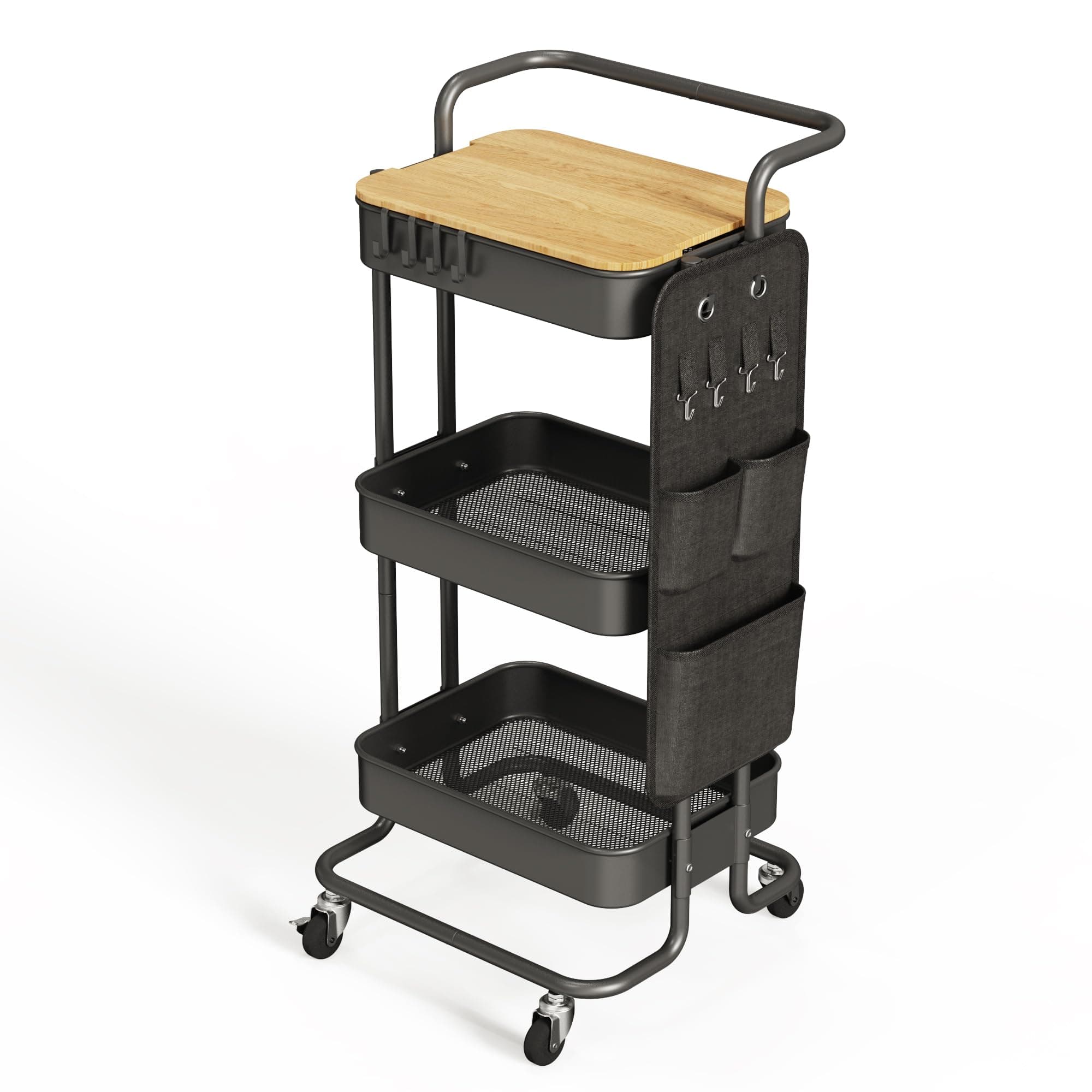 3 Tier Metal Utility Rolling Cart with Table Top and Side Bags, Tray Storage Organizer Wheels, Art Craft 4 Hooks for Kitchen Bathroom Office Living Room (Black)