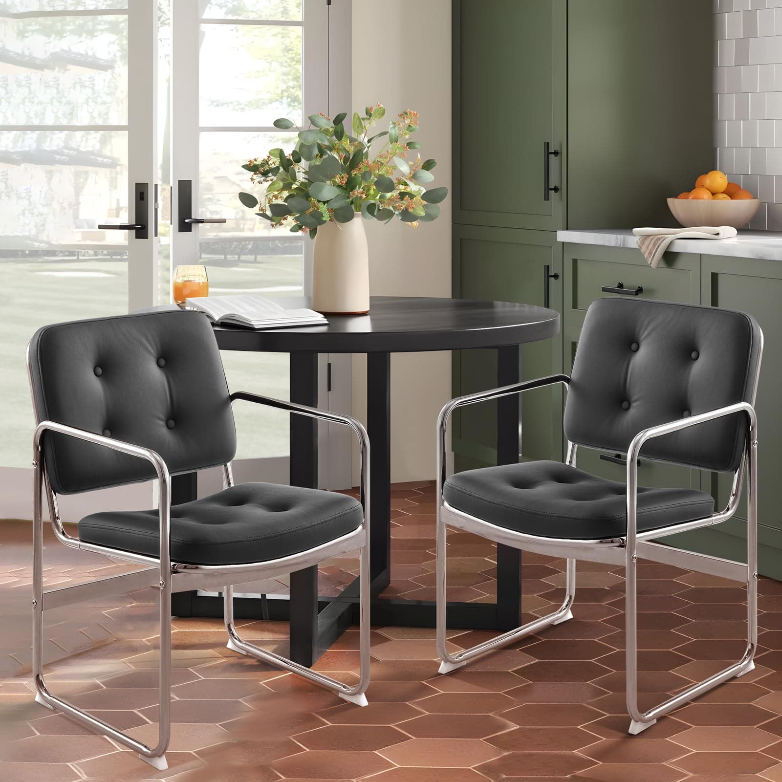 COLAMY Modern Dining Chairs Set of 2, Button Tufted PU Leather Upholstered Dining Room Kitchen Side Chair with Metal Legs for Home/Dining Room/Living Room/Office, Black