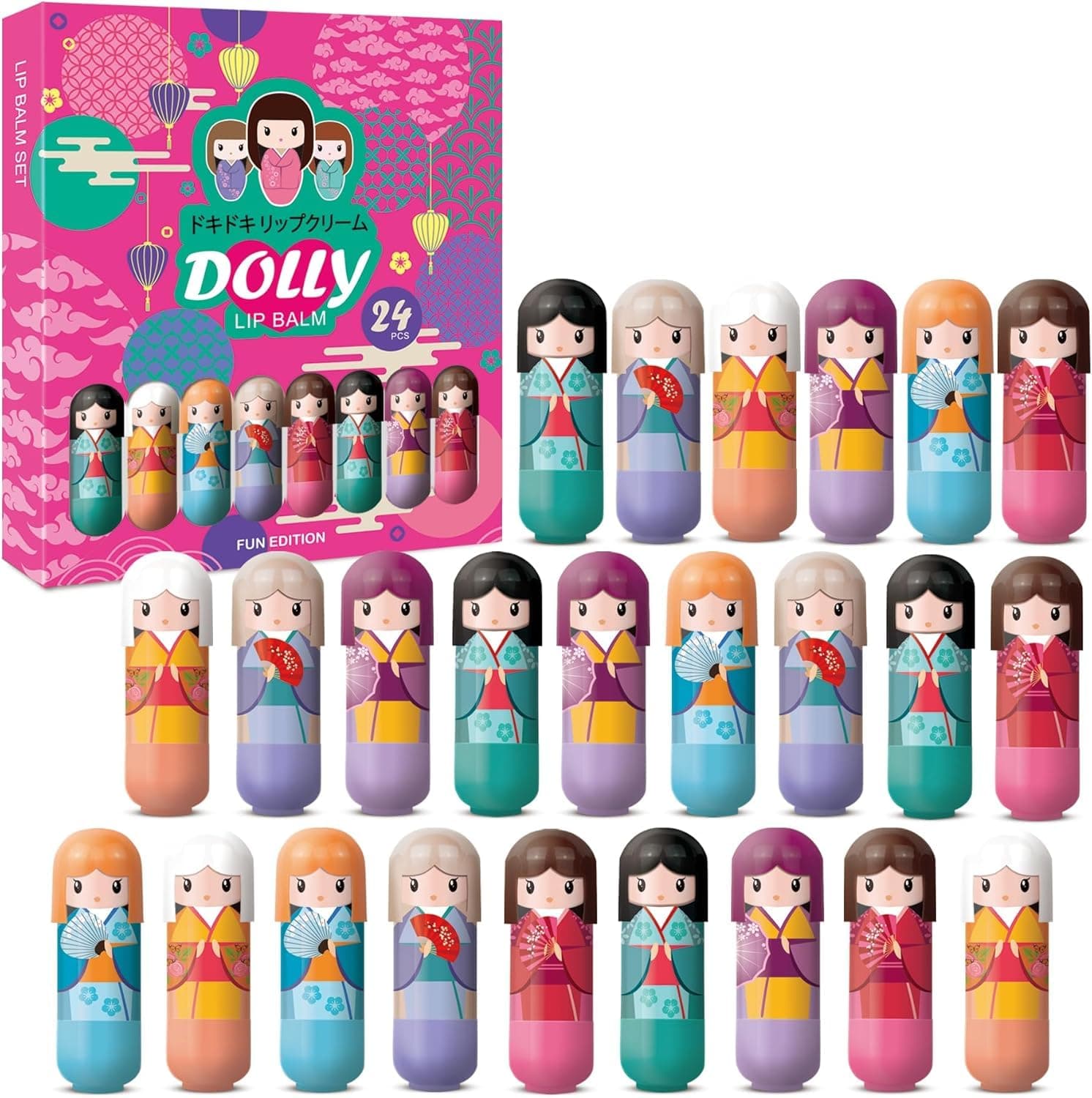 B4B Lip Balm Doll Shaped 24 Lips Balms x 2.5 Grams, 6 Different Case Designs Display Box Wholesale Price (1 Box)