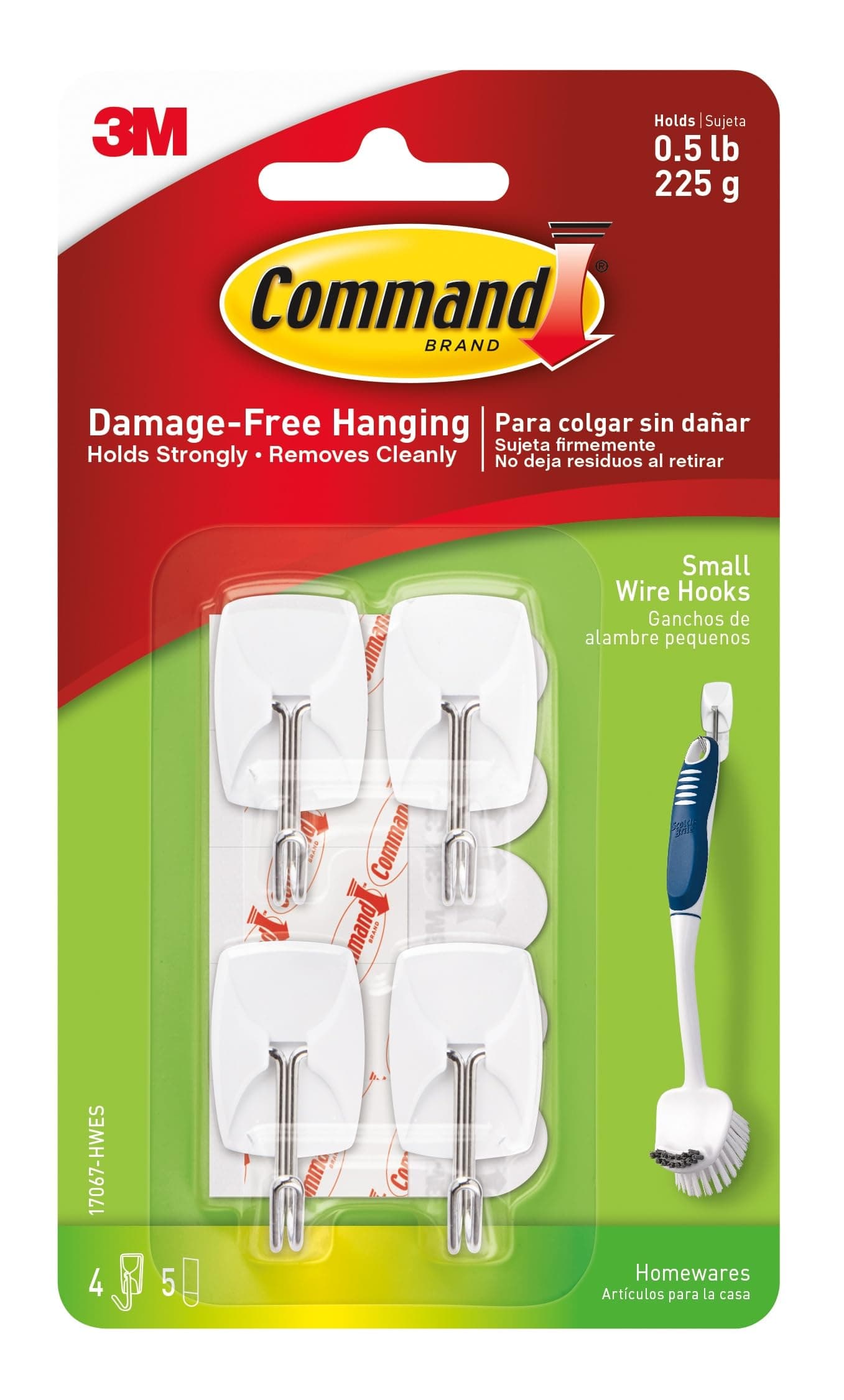 Command Small Wire Toggle Hooks, 4 Hooks and 5 Strips, Damage-Free Hanging Wall Hook with Adhesive, No Tools Required, Great for Home, Kitchen, and Office Organization, Holds up to 0.5 lb
