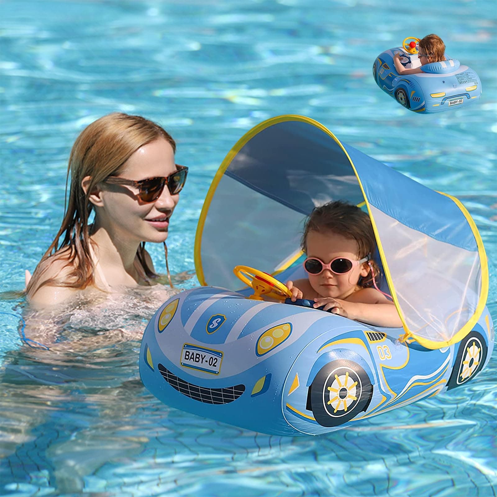 3D Car Thick PVC Inflatable Baby Swim Pool Float with Sun Shade Cover and Steering Wheel - Age 1-4 Years Old