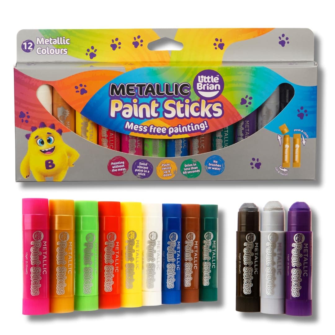 Little Brian Paint Sticks For Kids - 12 Pack Assorted Metallic Colours - Mess-Free, Easy Clean Up, Fast Drying Action, Vibrant Colours, Multi-Surface, Twist & Paint