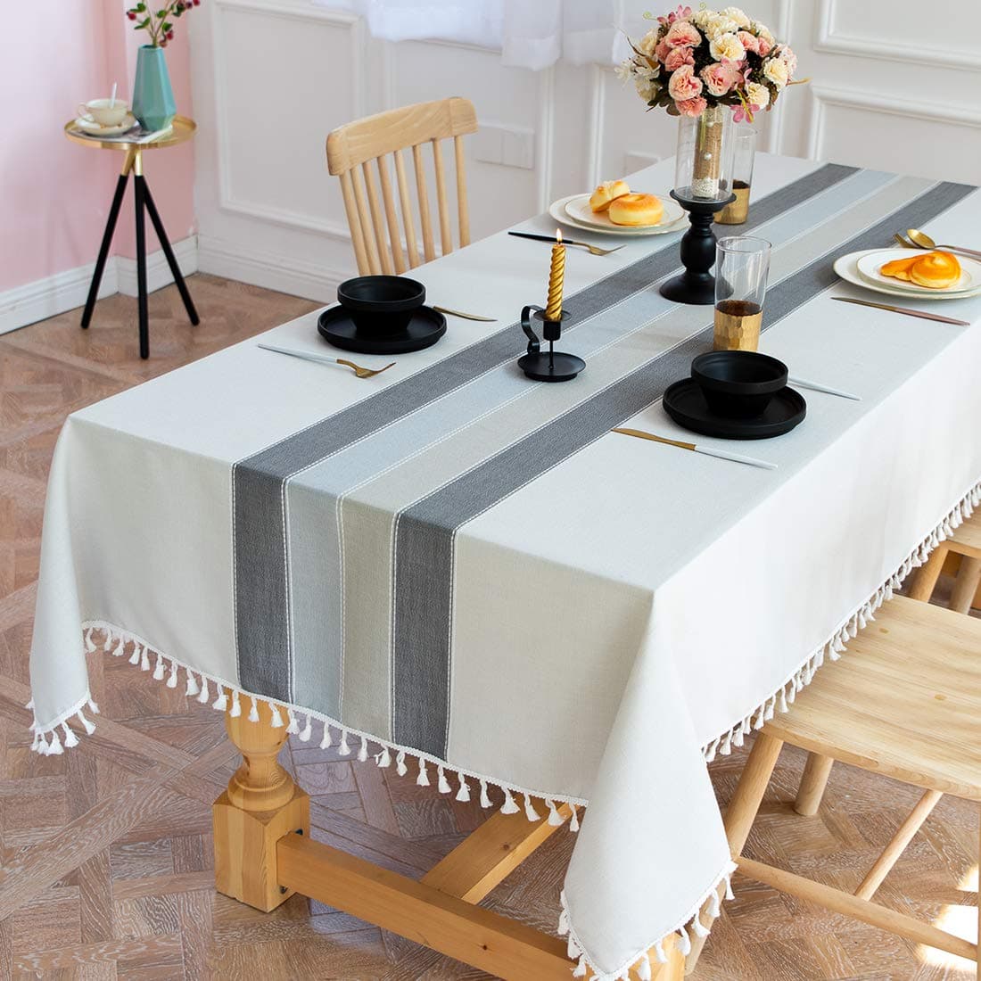 TEWENE Table Cloth, Rutic Wrinkle Free Cotton Linen Tablecloths Rectangular Tablecloth for Kitchen, Dining, Outdoor(55''x86''/6-8 Seats/Muti-Grey)