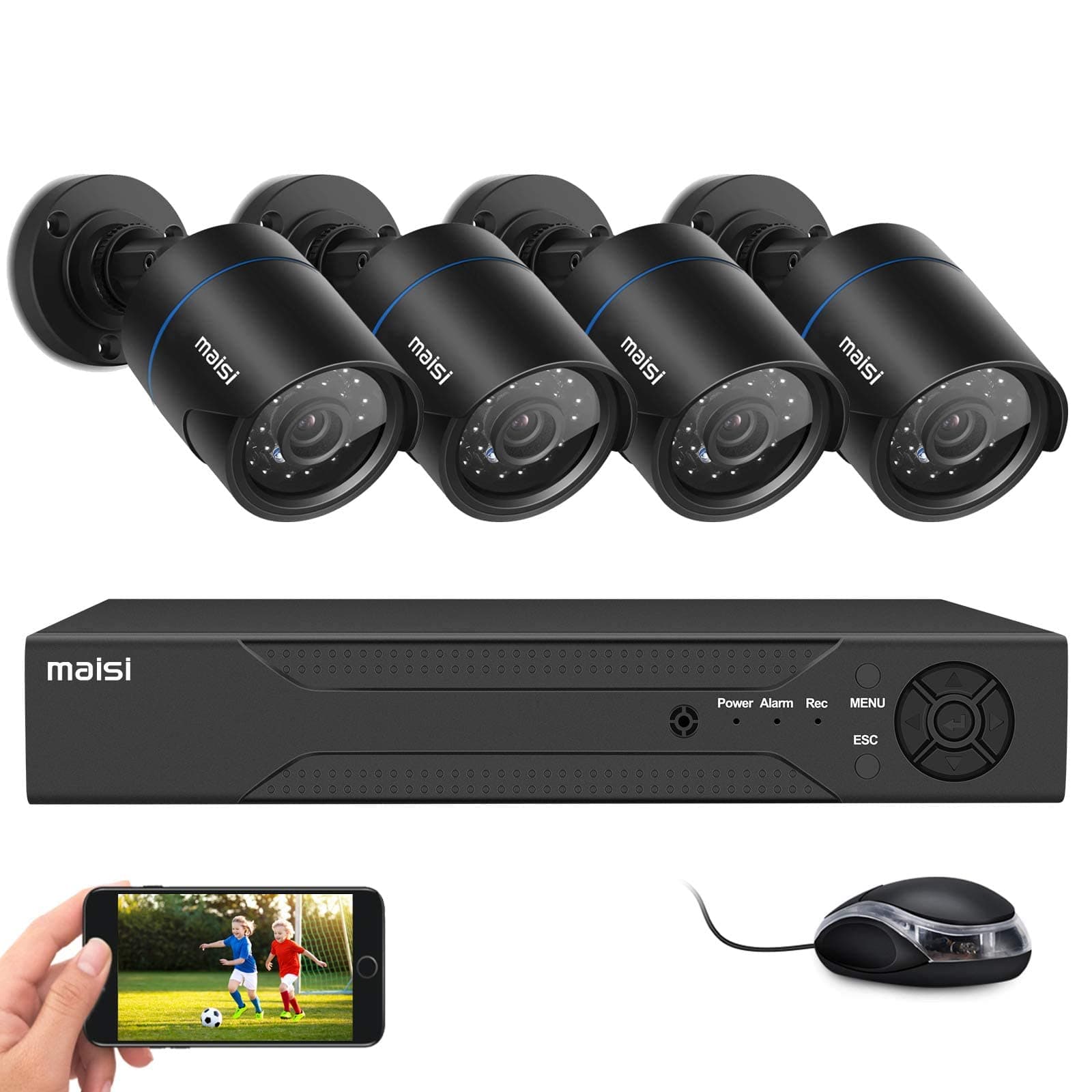 maisi 1080p CCTV Security Camera System, 8 Channel DVR Recorder with 4pcs 2MP Outdoor/Indoor Bullet Cameras (Easy Mobile and PC Access, App Push Alert, Waterproof, NO Hard Drive)