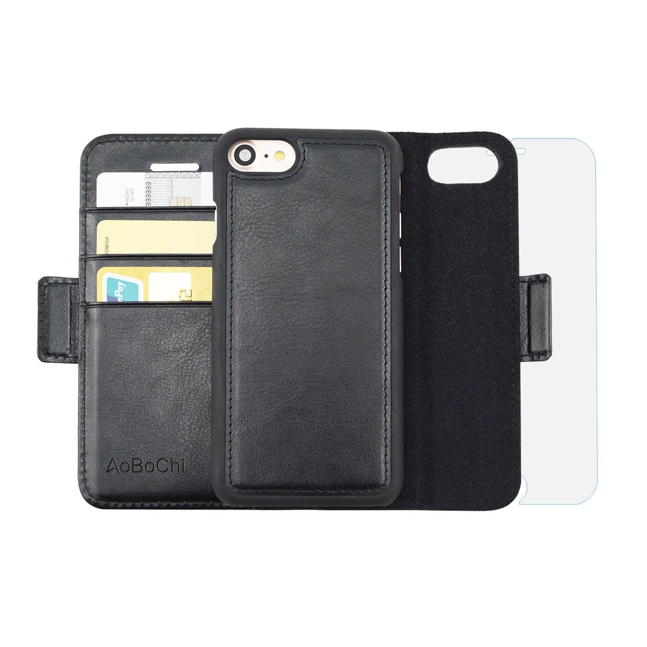 iPhone6/6s/7 Case,iPhone6/6s/7 Wallet Case,AoBoChi Leather Case with Detachable Folio ,Kickstands,Wallet for iPhone6/6s/7(4.7inch)[1pcs Glass Screen Protector is included] (Black)
