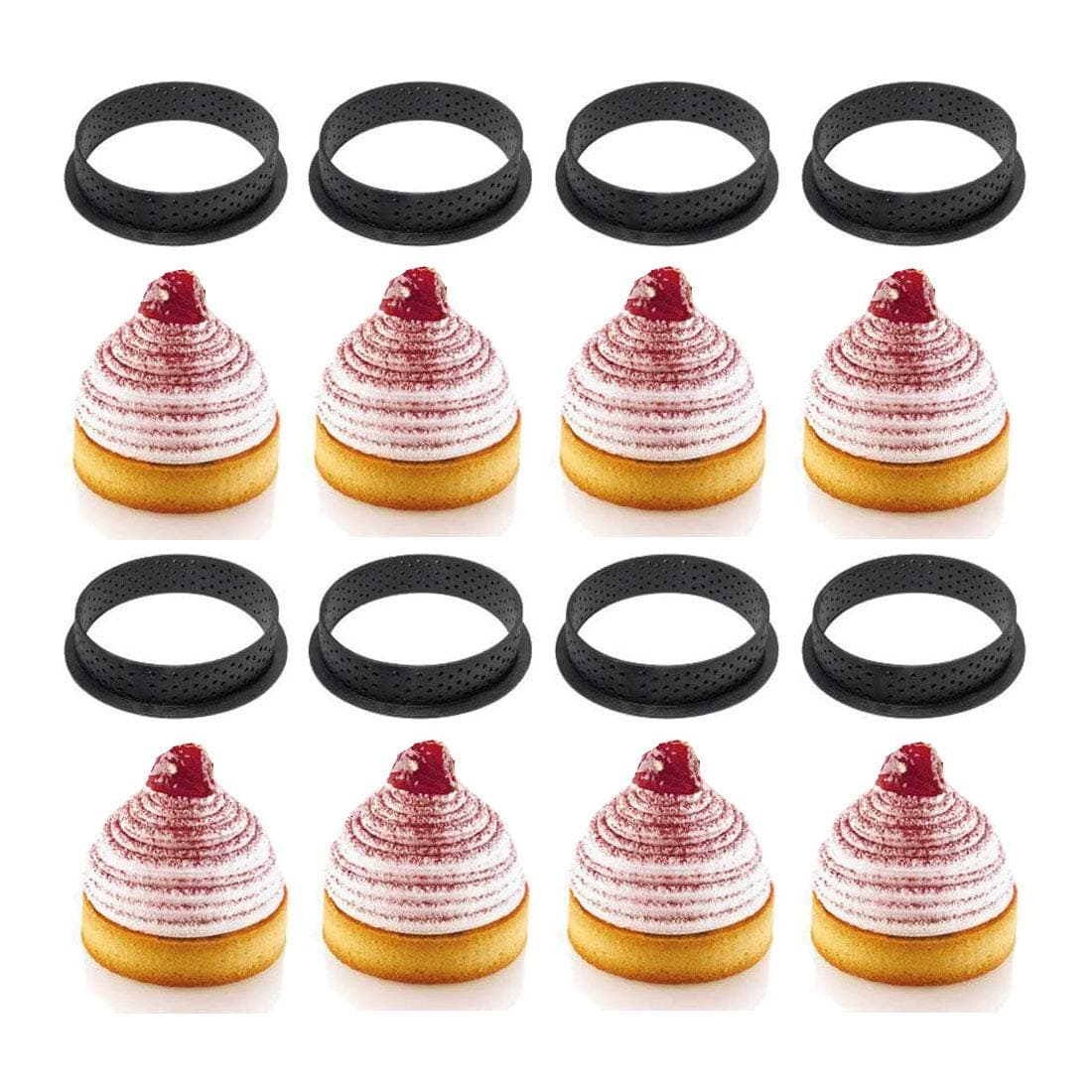 8Pcs Perforated Circle Cake Mold Cutter,Black Round-Shape Mousse Circle Ring Tart, Non Stick Pastry Cutters Ring for Making Cake Decoration