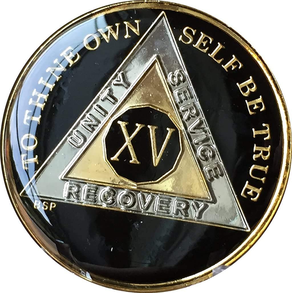 15 Year Classic Black AA Alcoholics Anonymous Medallion Chip Tri Plate Gold & Nickel Plated Serenity Prayer