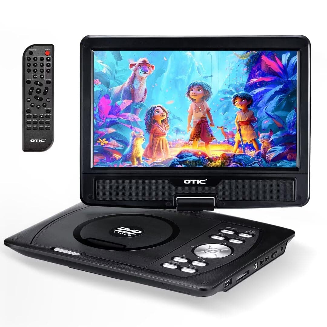 OTIC 12" Portable DVD Player with Bluetooth Function, 10.1" HD Swivel Display Screen, 5 Hour Rechargeable Battery, Support CD/DVD/SD Card/USB, Car Headrest Case, Car Charger