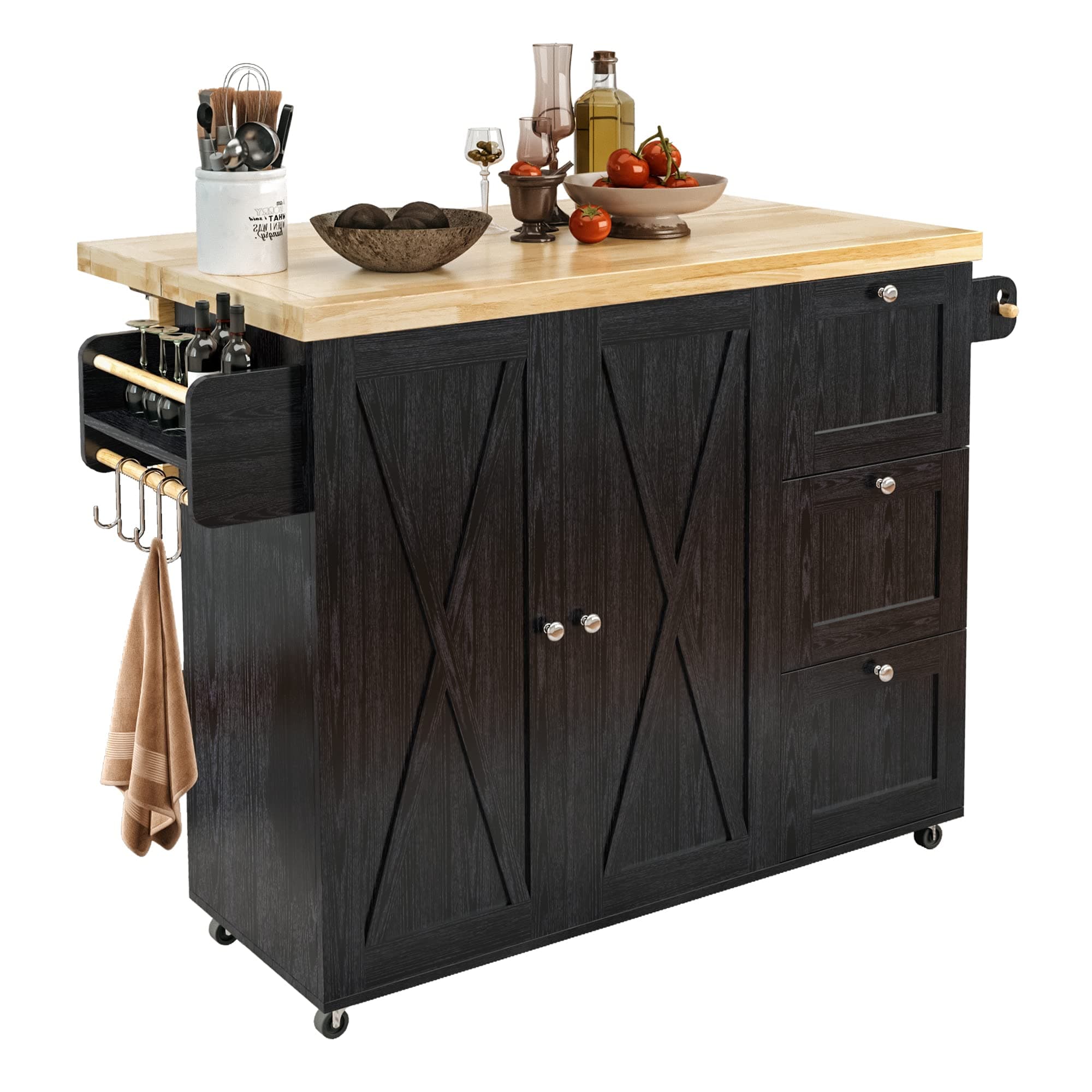 IRONCK Rolling Kitchen Island Cart with Drop-Leaf Countertop, Barn 3Drawers, Barn Door Style Cabinet,Thicker Rubberwood Top, Spice Rack, on Wheels, for Kitchen and Dining Room, Black
