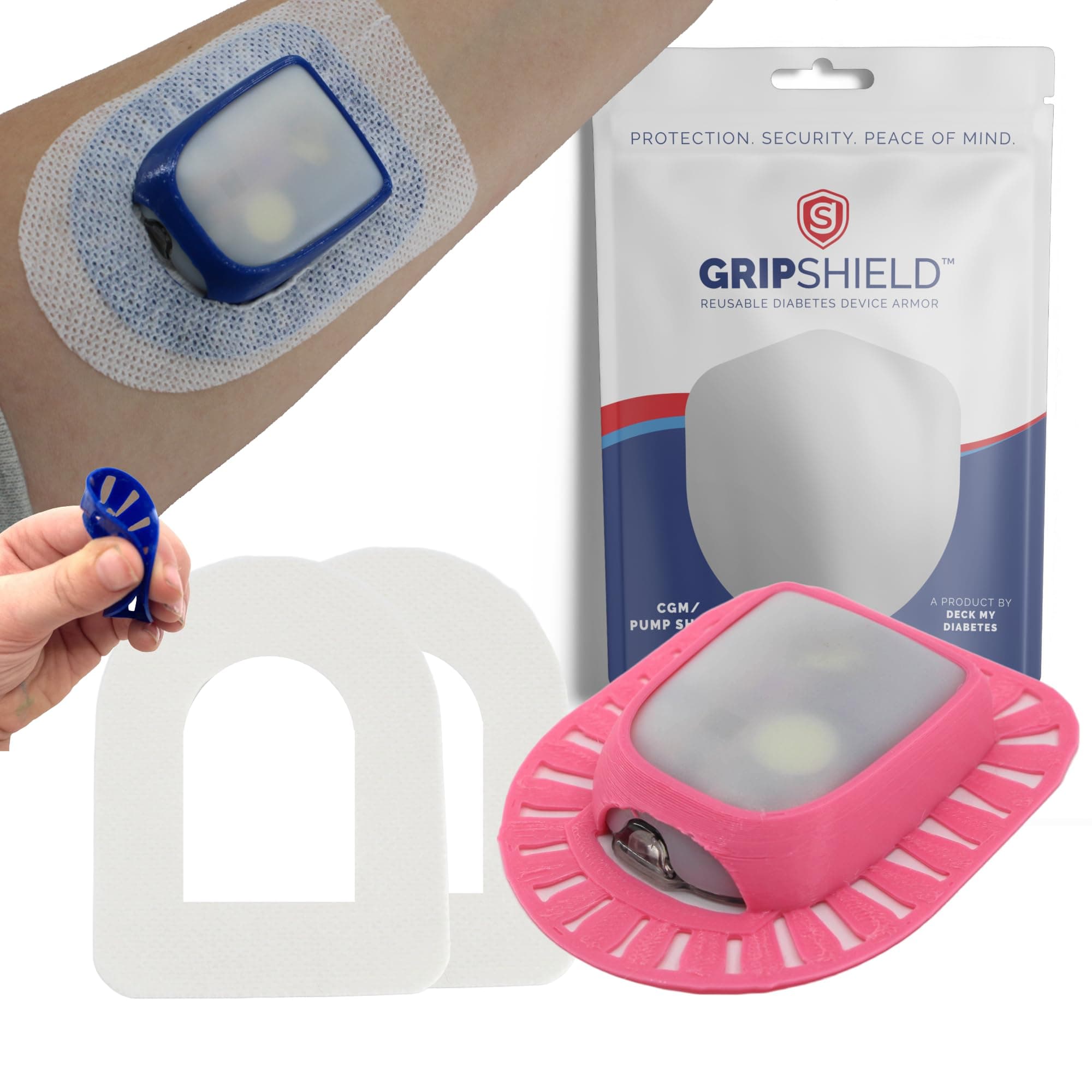 Omnipod Grip Shield with Comfort Ring. Designed by Deck My Diabetes. Reusable, Flexible One-Handed Application(2 Overlay Patches Included!) (Bright Pink)