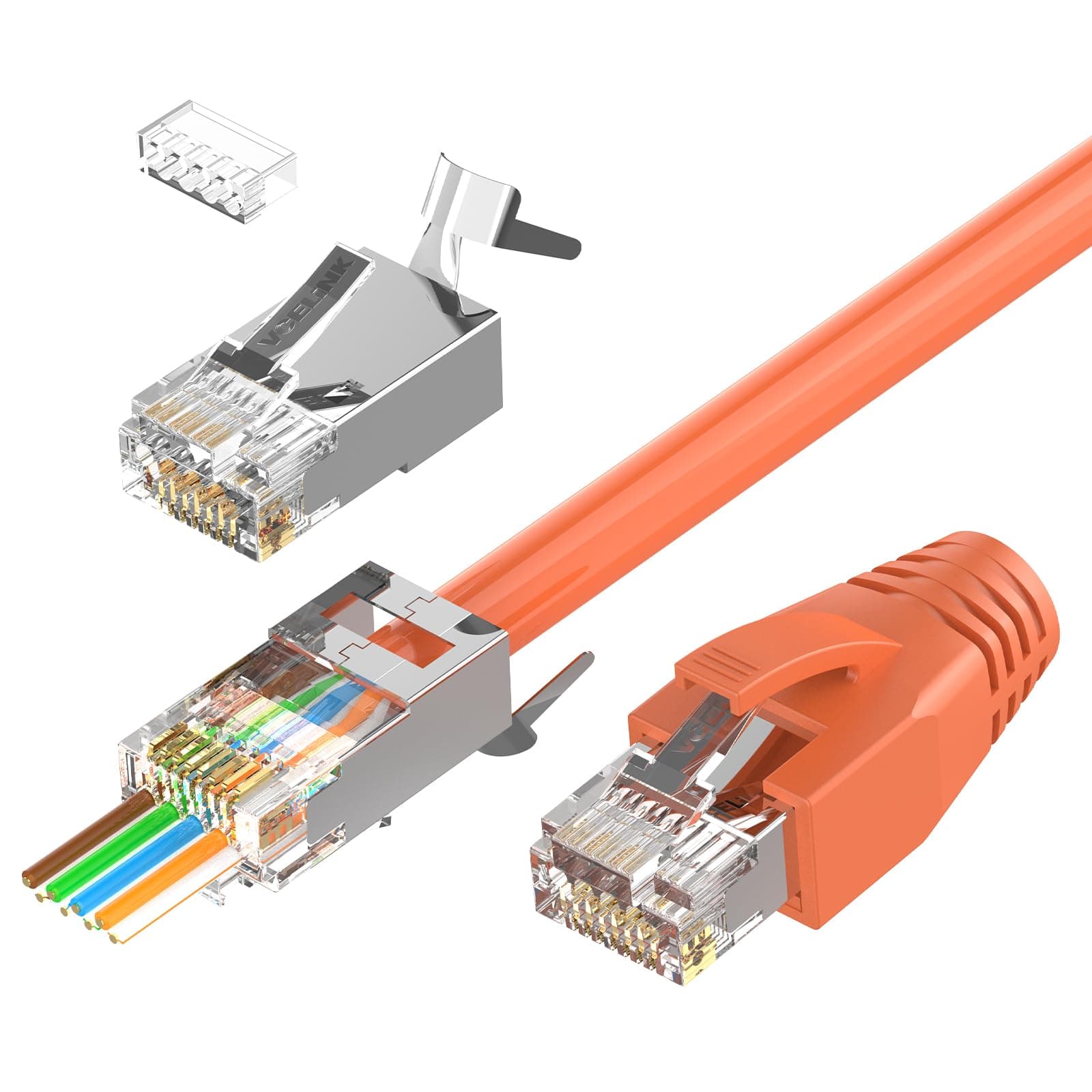 CAT6A Connector, RJ45 Connectors Pass Through CAT6A CAT7 Shielded, UL-Listed 3-Prong Gold Plated, CAT7 Connector with Strain Relief Boots (RJ45 Connector-Transparent, Orange, 30-Pack)