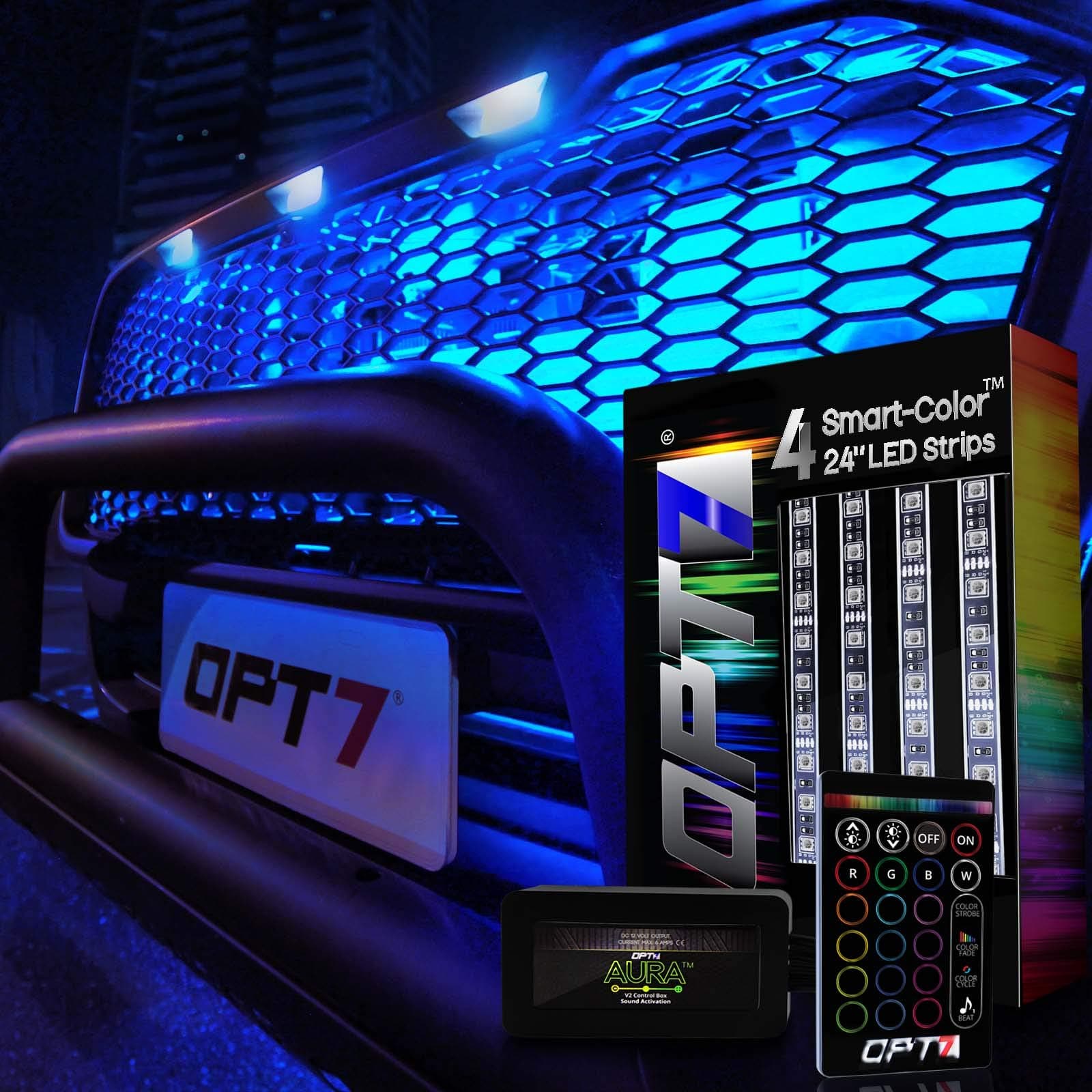 OPT7 Aura 4PCS LED Grille Lights with Remote Control, 24 inches IP67 Waterproof LED Strip Lights, Multi-Color, Dimmer, Fade, Cycle, Strobe, Peel'n'Stick Front Grill Valence, for Car Truck SUV