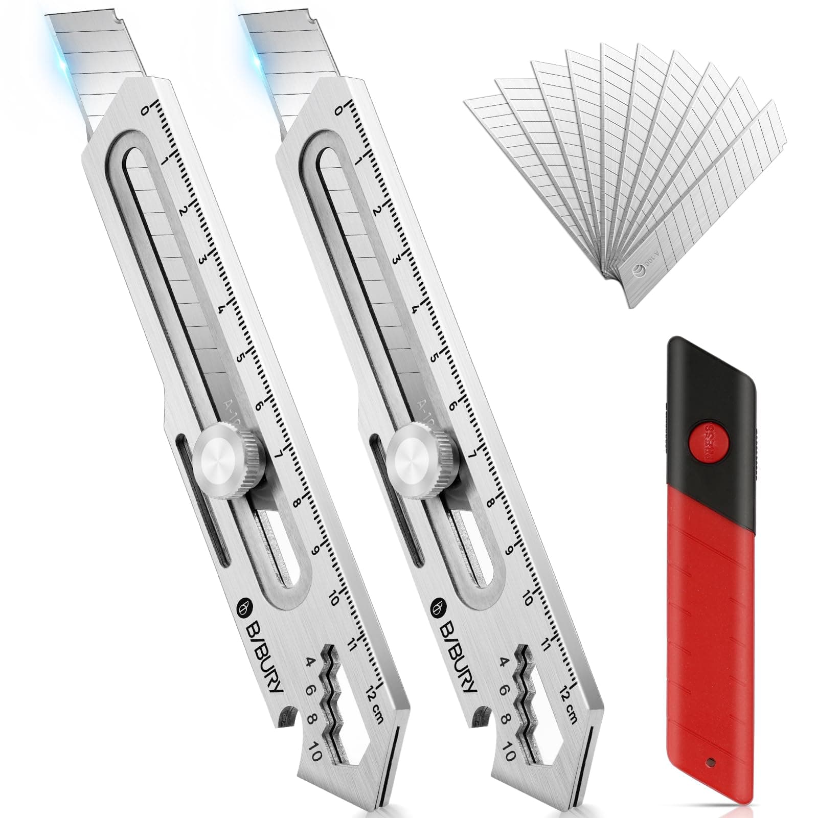 BIBURY 2 Pack Mutipurpose Utility Knife, Heave Duty Full Stainless Steel Retractable Box Cutter with 10PCS replaceable Blades (18mm Wide), Multi-functional Extended Razor Knife for Office, Home,School