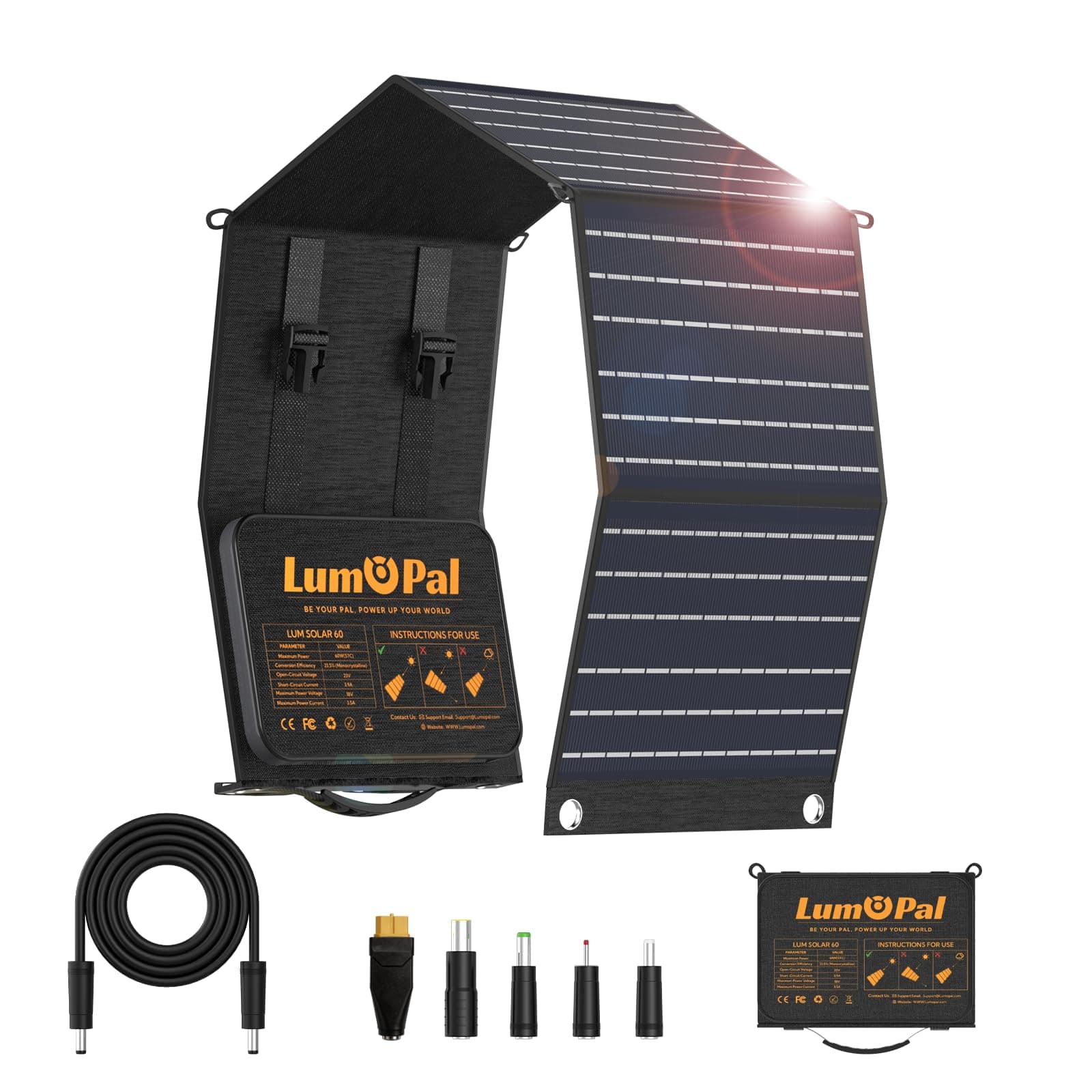 Lumopal Foldable Solar Panel, 60W Portable Folding Solar Charger Kit with USB-C PD60W 5V USB-A QC3.0 DC18-20V Ports,IP65 Waterproof for RVCamping Backpacking Compatible with Phone Tablet Power Station