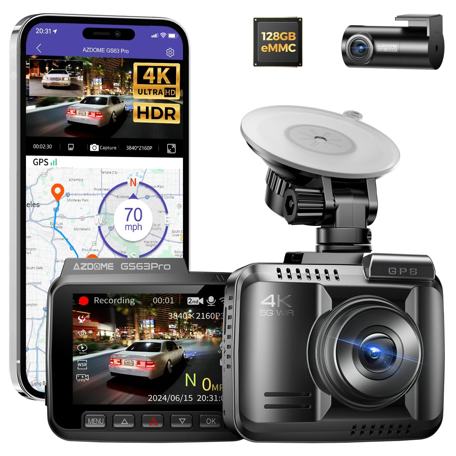 4K HDR Dash Cam Front and Rear with 4-Megapixel Image Sensor, 128GB eMMC, ADAS, 4K+1080P Dash Camera, 5GHz WiFi GPS 24H Parking Mode Car Camera, GS63 Pro