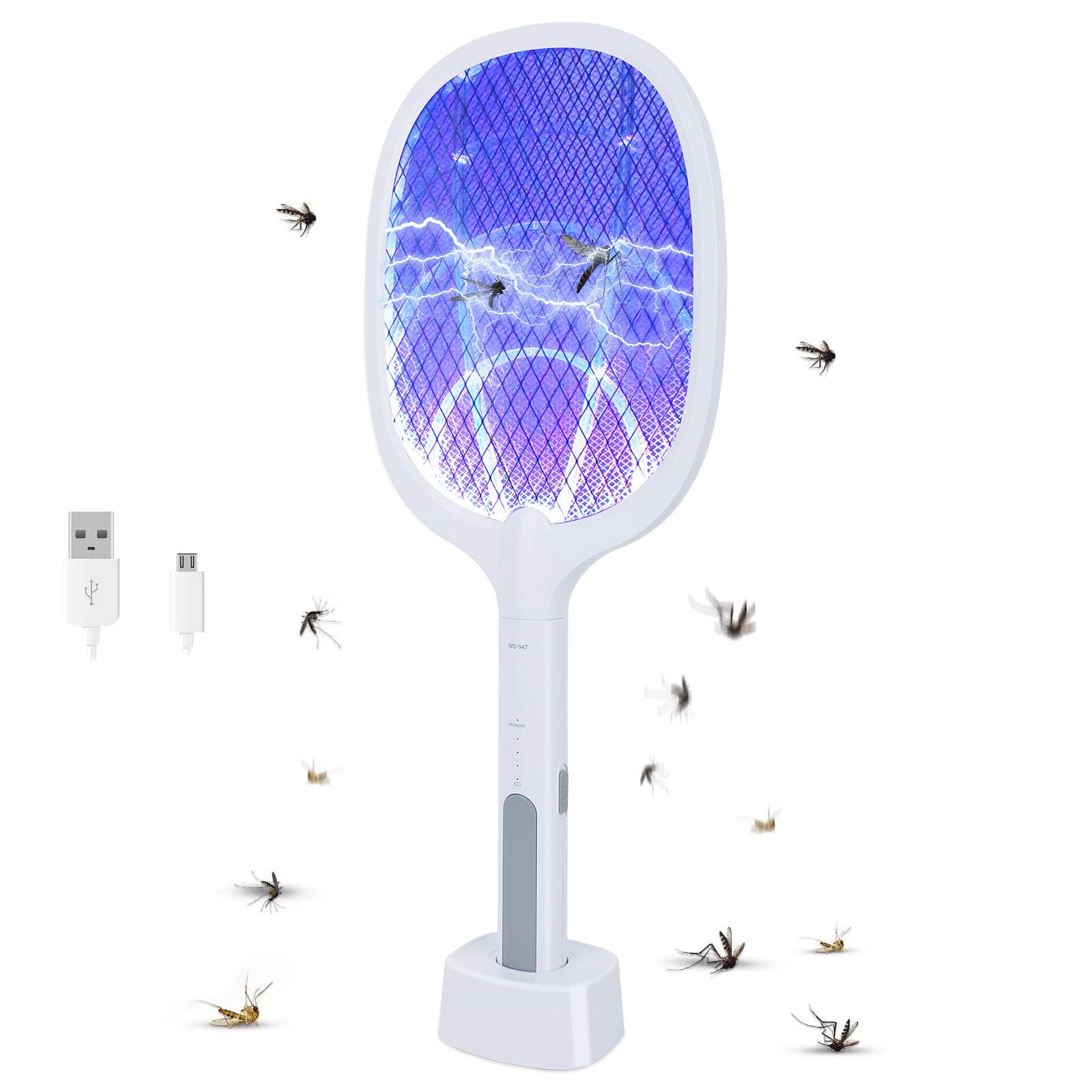 Eesyy Handheld Electric Fly Swatter, Powerful 2500 Volt Mosquito Killer Mosquitoes Lamp & Racket 2 in 1, USB Rechargeable Electric Bug Zapper with Grid 3-Layer Mesh for Home and Outdoor