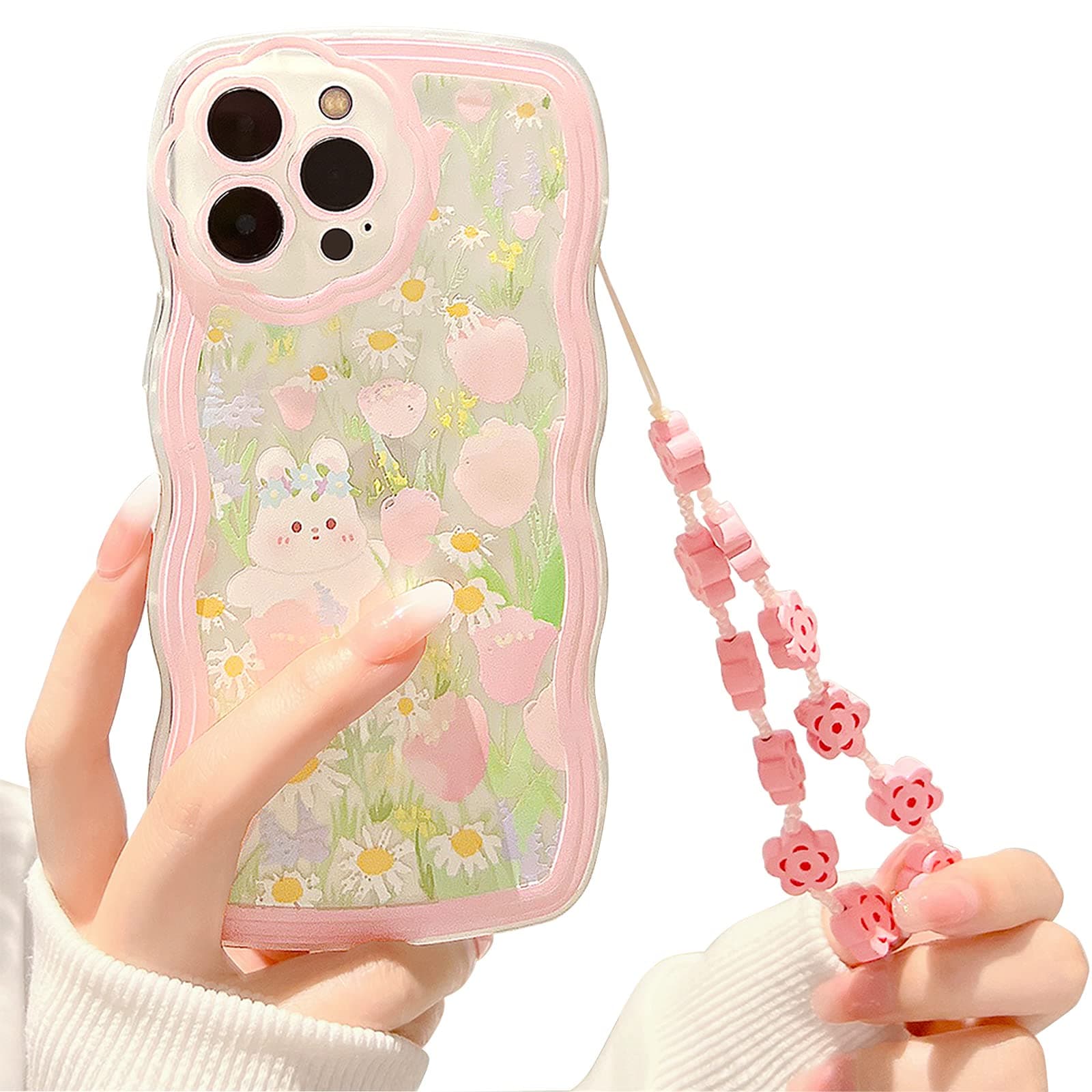 NITITOPCompatible for iPhone 14 Pro Max Case, Cute Cartoon Floral Rabbit with Heart Beaded Lanyard Wrist Strap for Women Girly, Soft TPU Full Protective Cover- Flower Rabbit