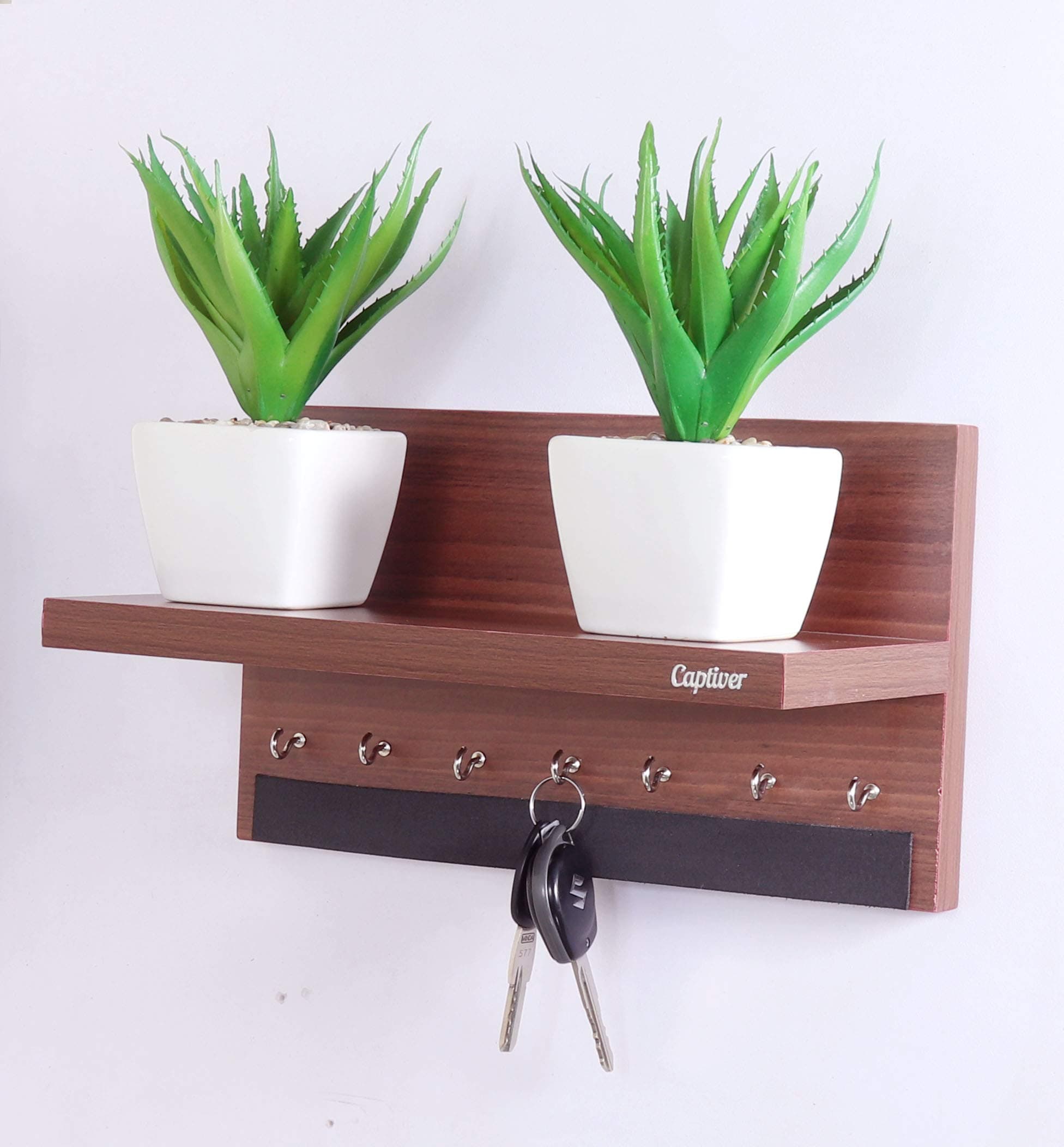 Captiver Engineered Wood Wall Mount Key Holder with Storage Shelf (7 Hooks, Teak) Home Office Living Room Bedroom Antique Decor Items Keyholder